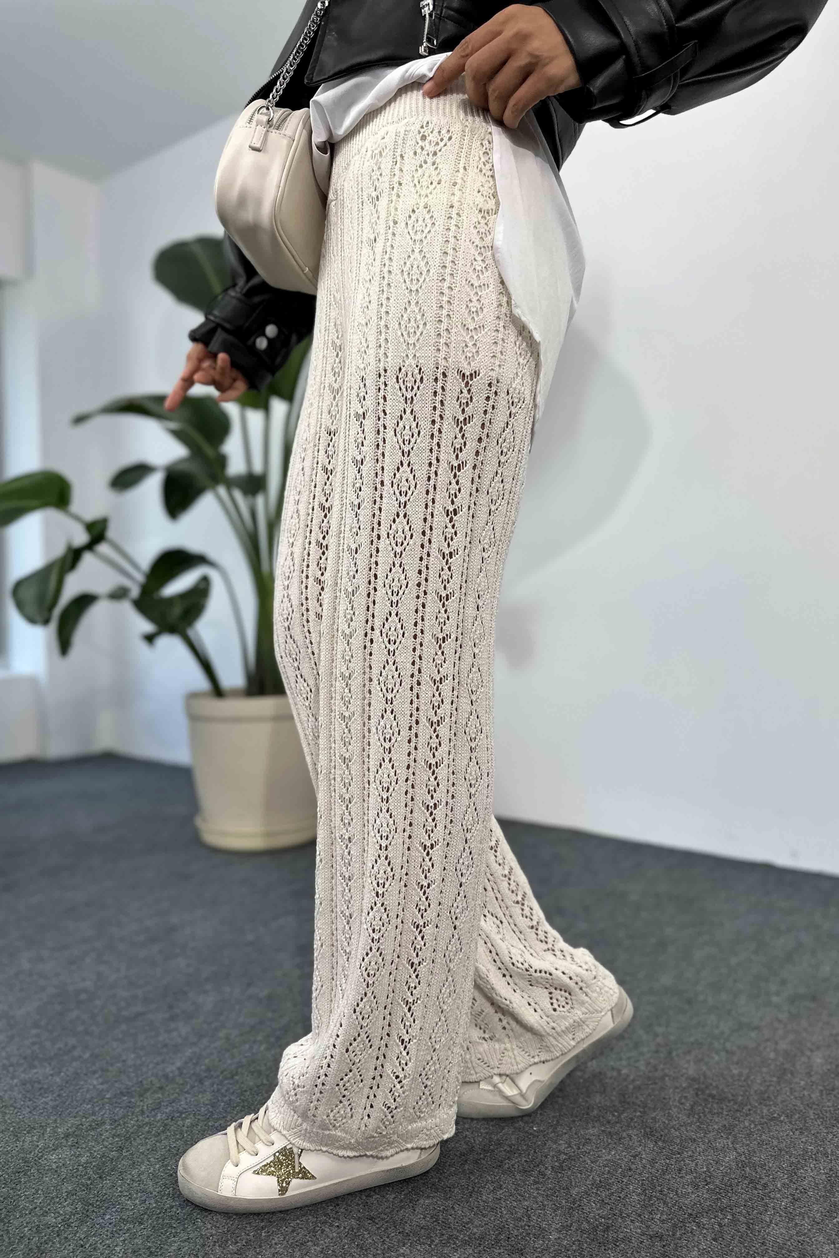 Pamuklu Örme Mini Astarlı Salaş Triko Pantolon Ekru