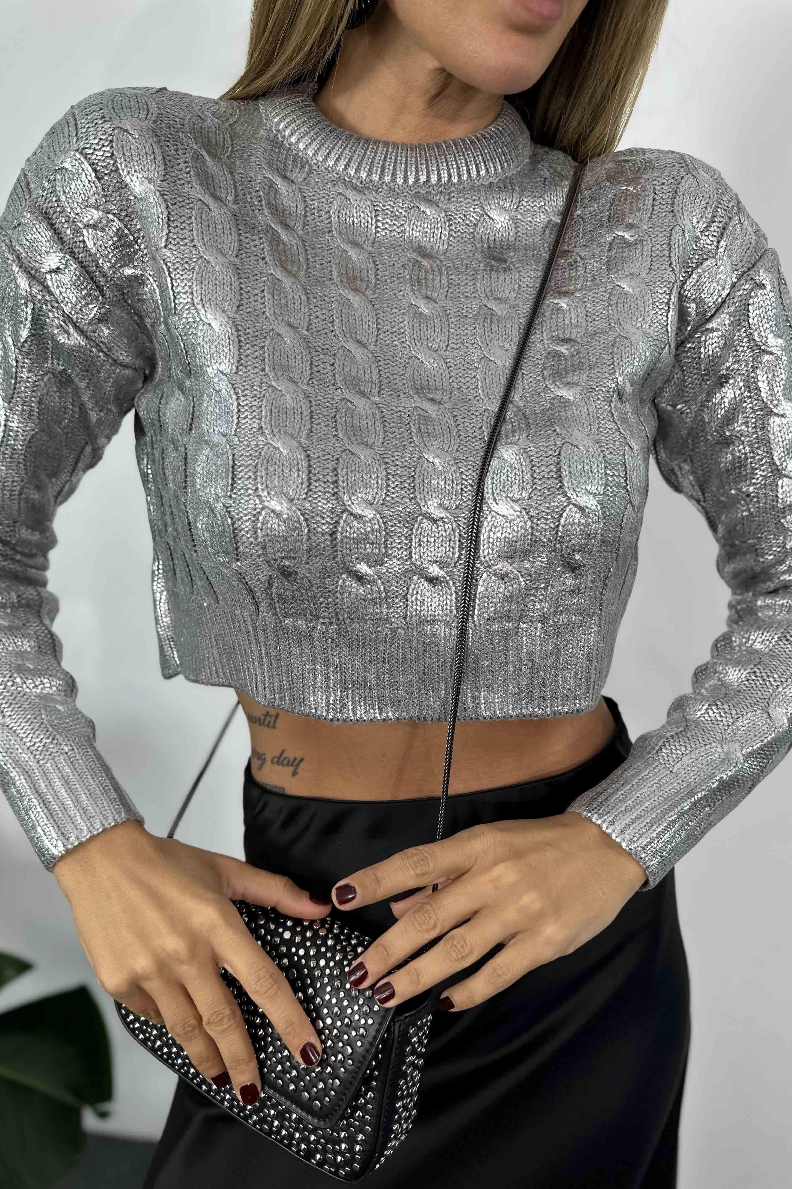 Pamuklu Örme Varaklı Crop Kazak Silver