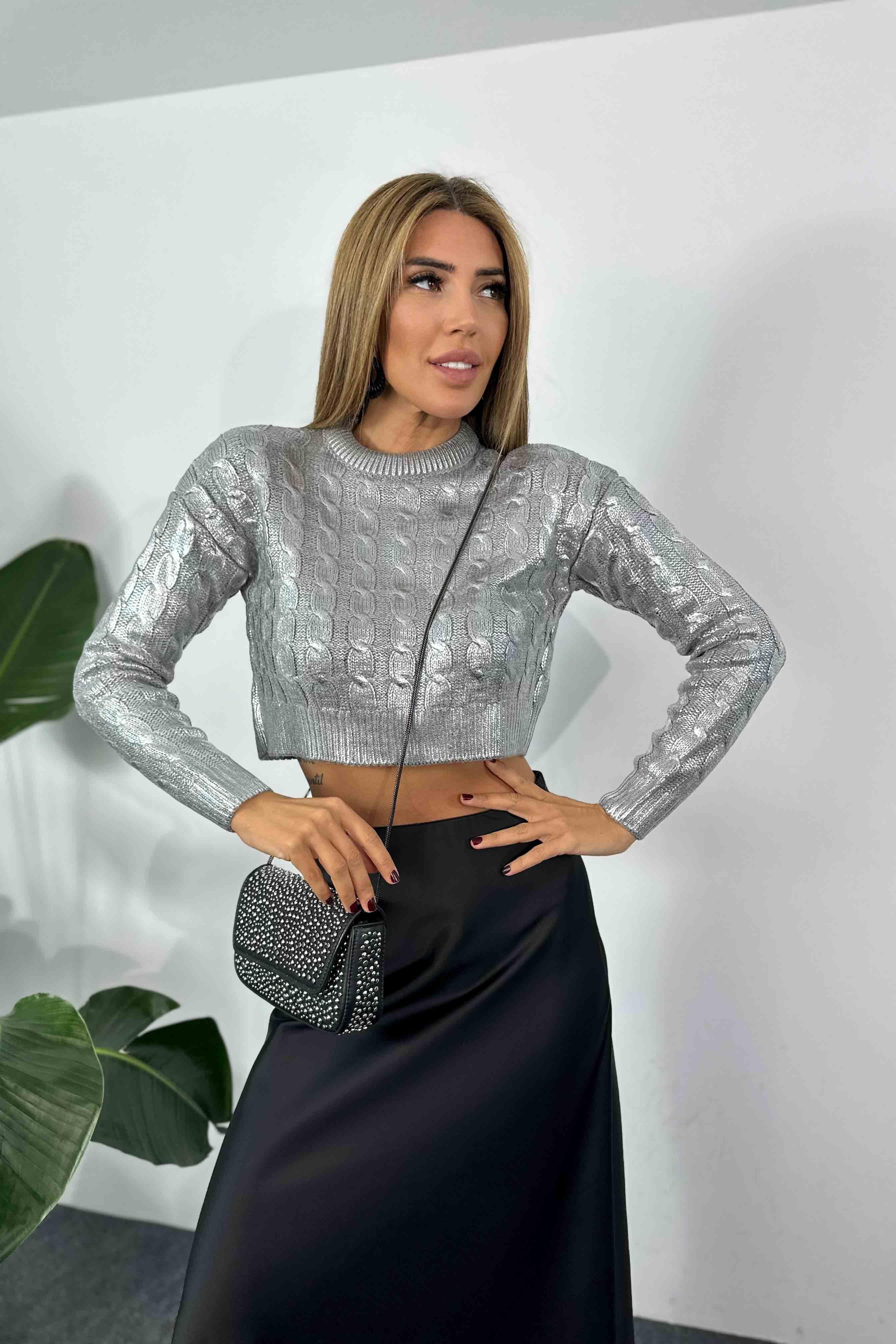 Pamuklu Örme Varaklı Crop Kazak Silver