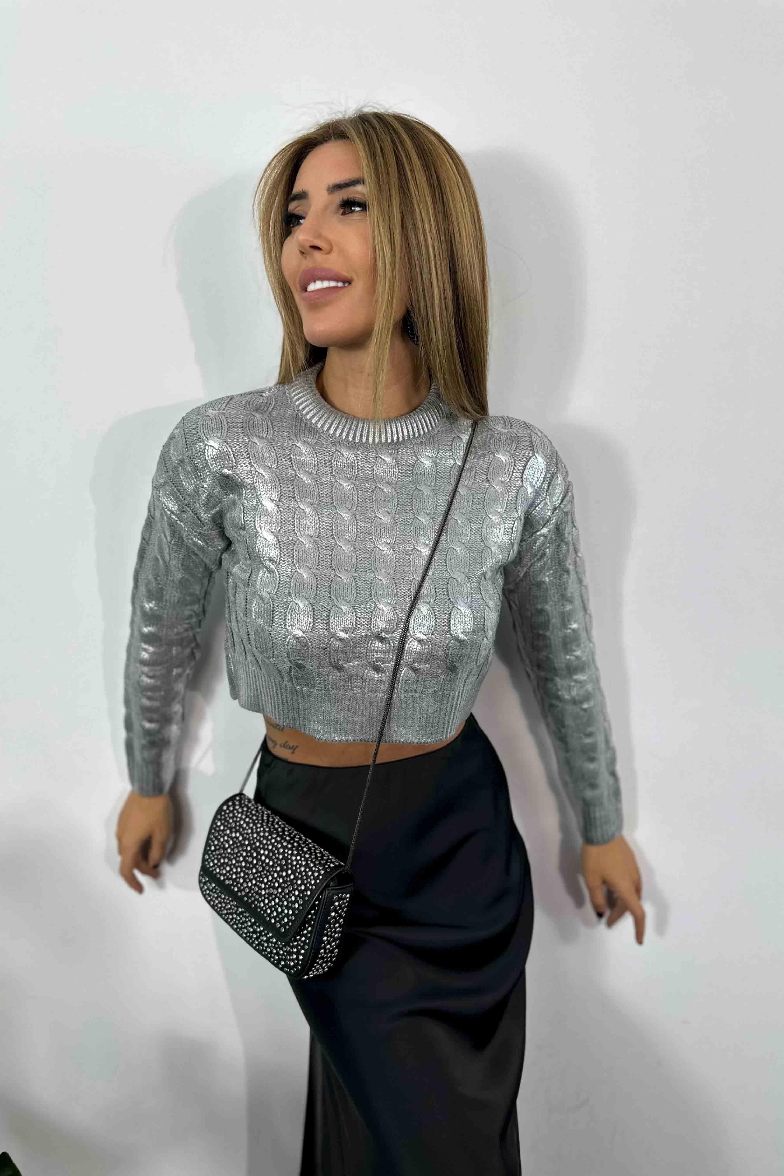 Pamuklu Örme Varaklı Crop Kazak Silver