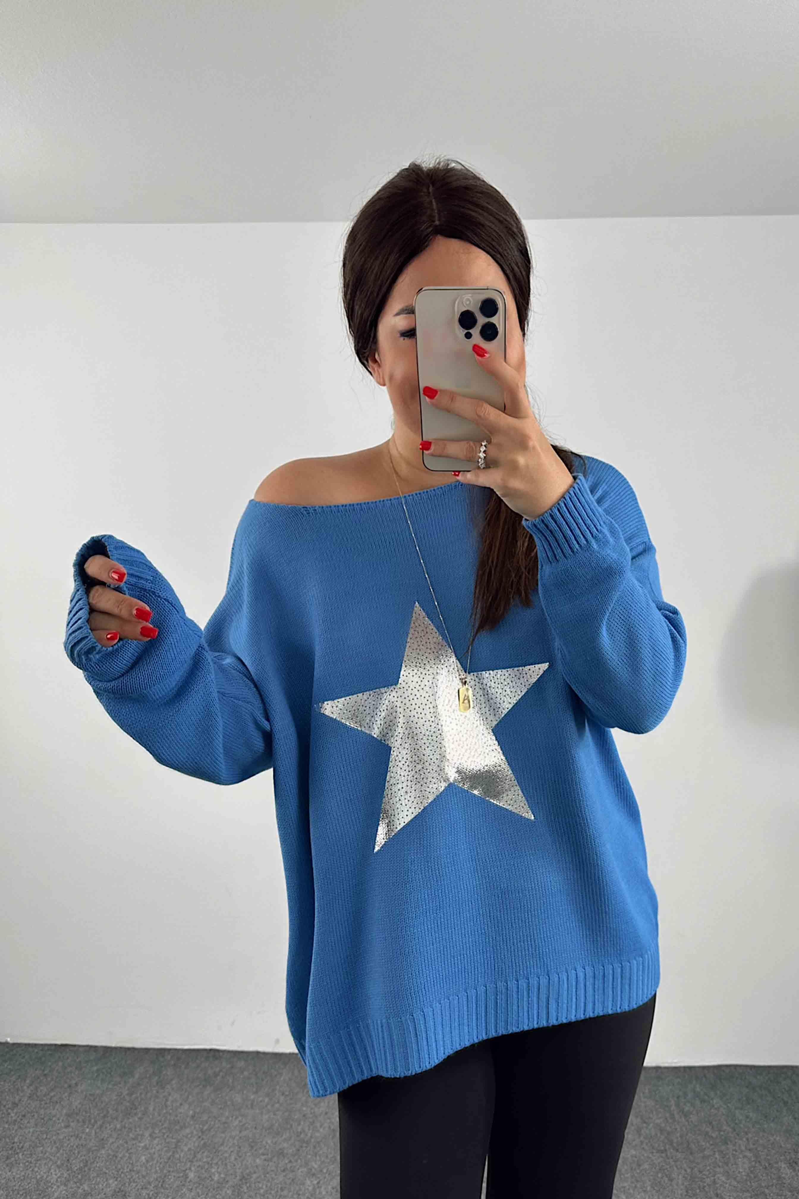 Pamuklu Örme Yıldızlı Tasarım Oversize Kazak Mavi