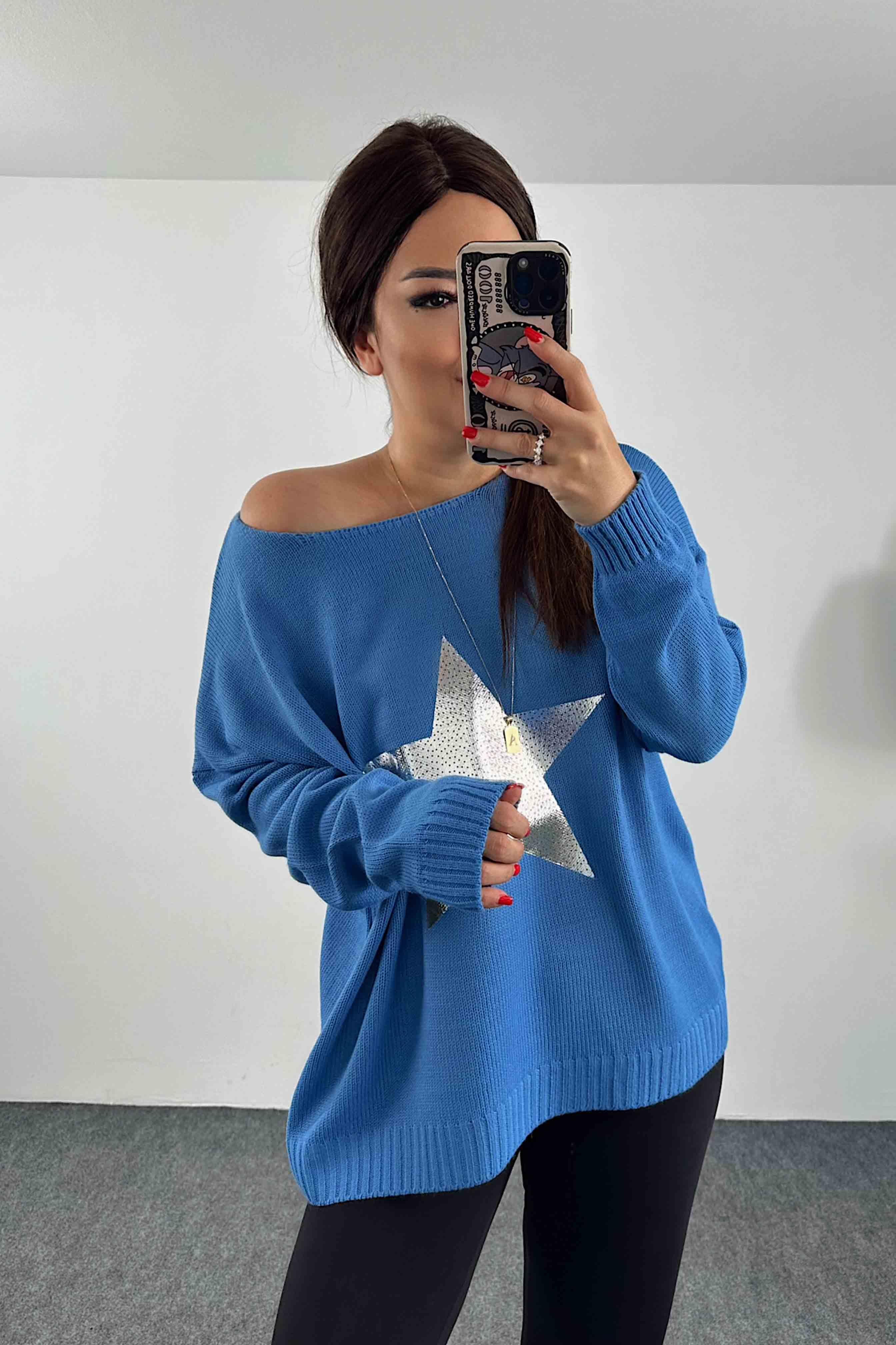 Pamuklu Örme Yıldızlı Tasarım Oversize Kazak Mavi
