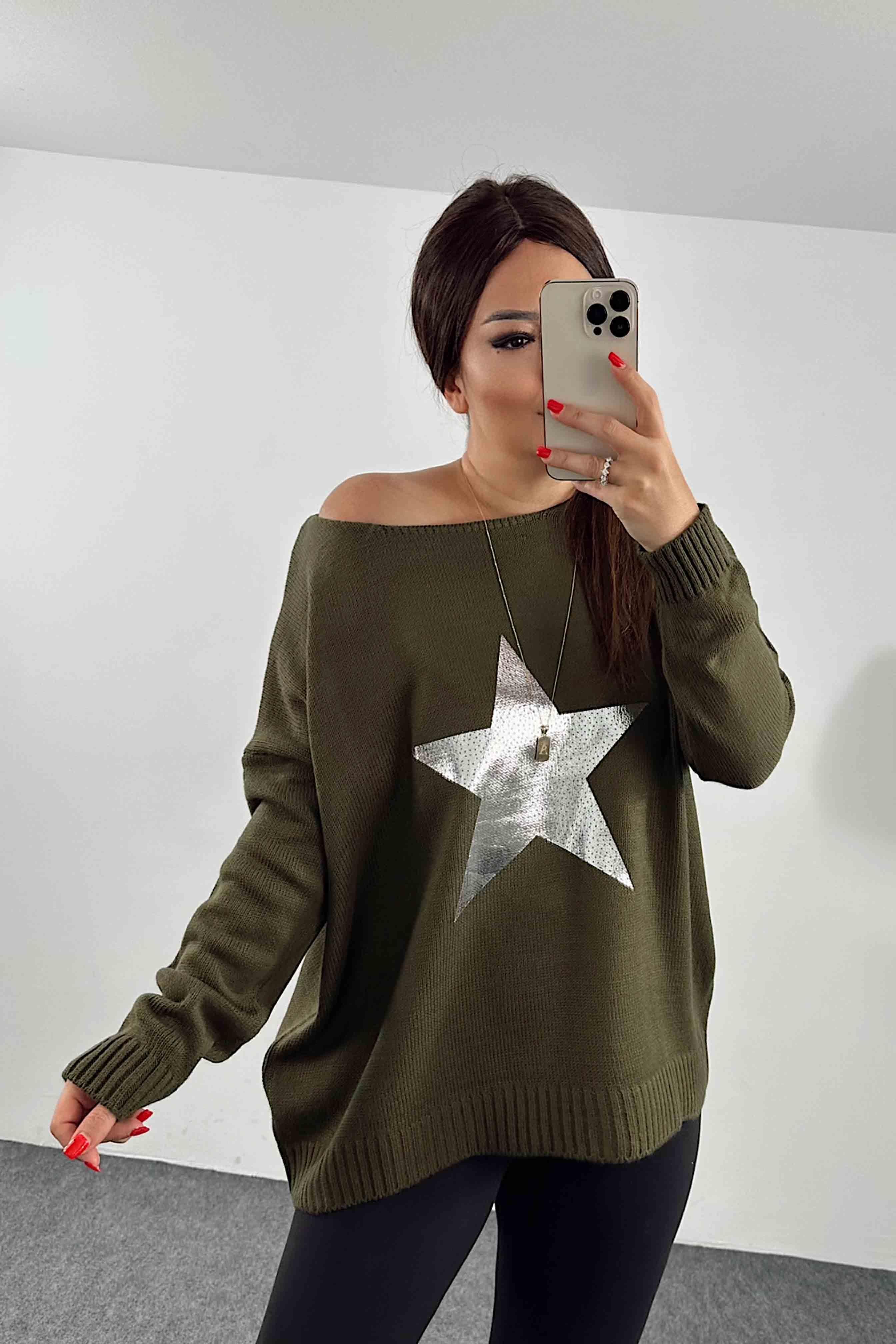 Pamuklu Örme Yıldızlı Tasarım Oversize Kazak Haki