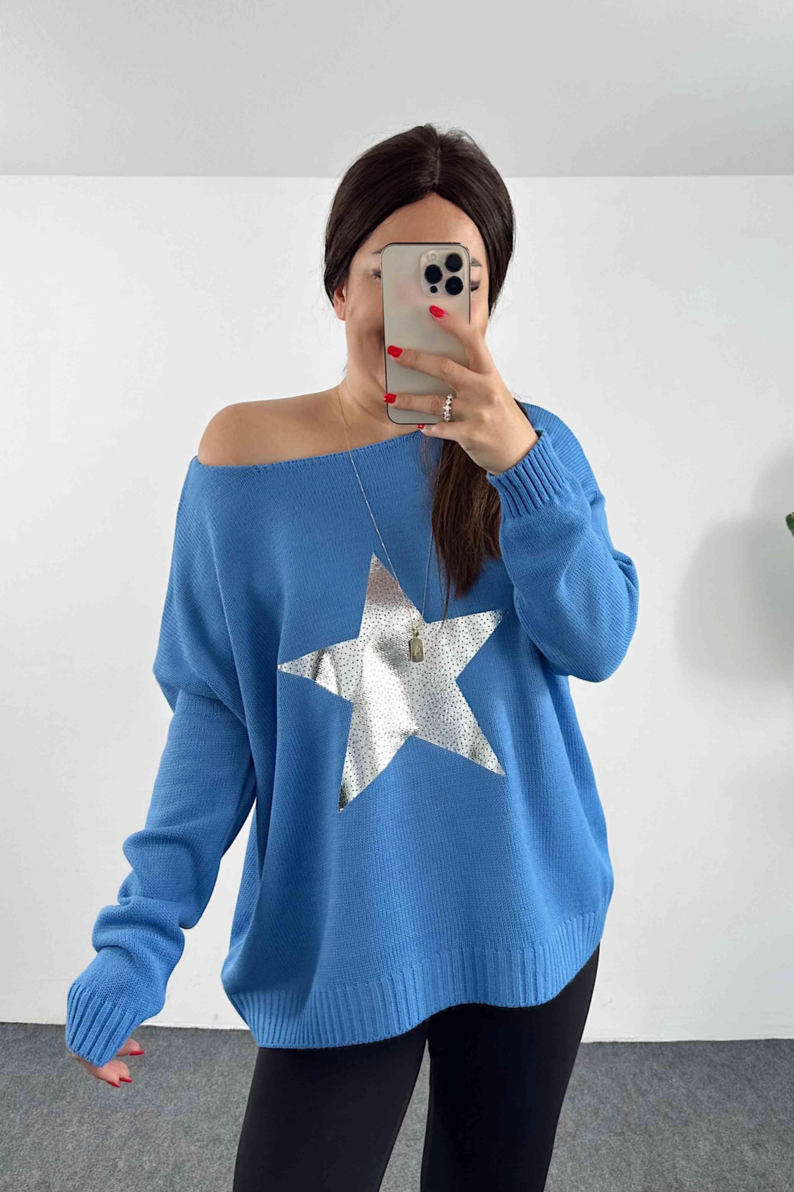 Pamuklu Örme Yıldızlı Tasarım Oversize Kazak Mavi