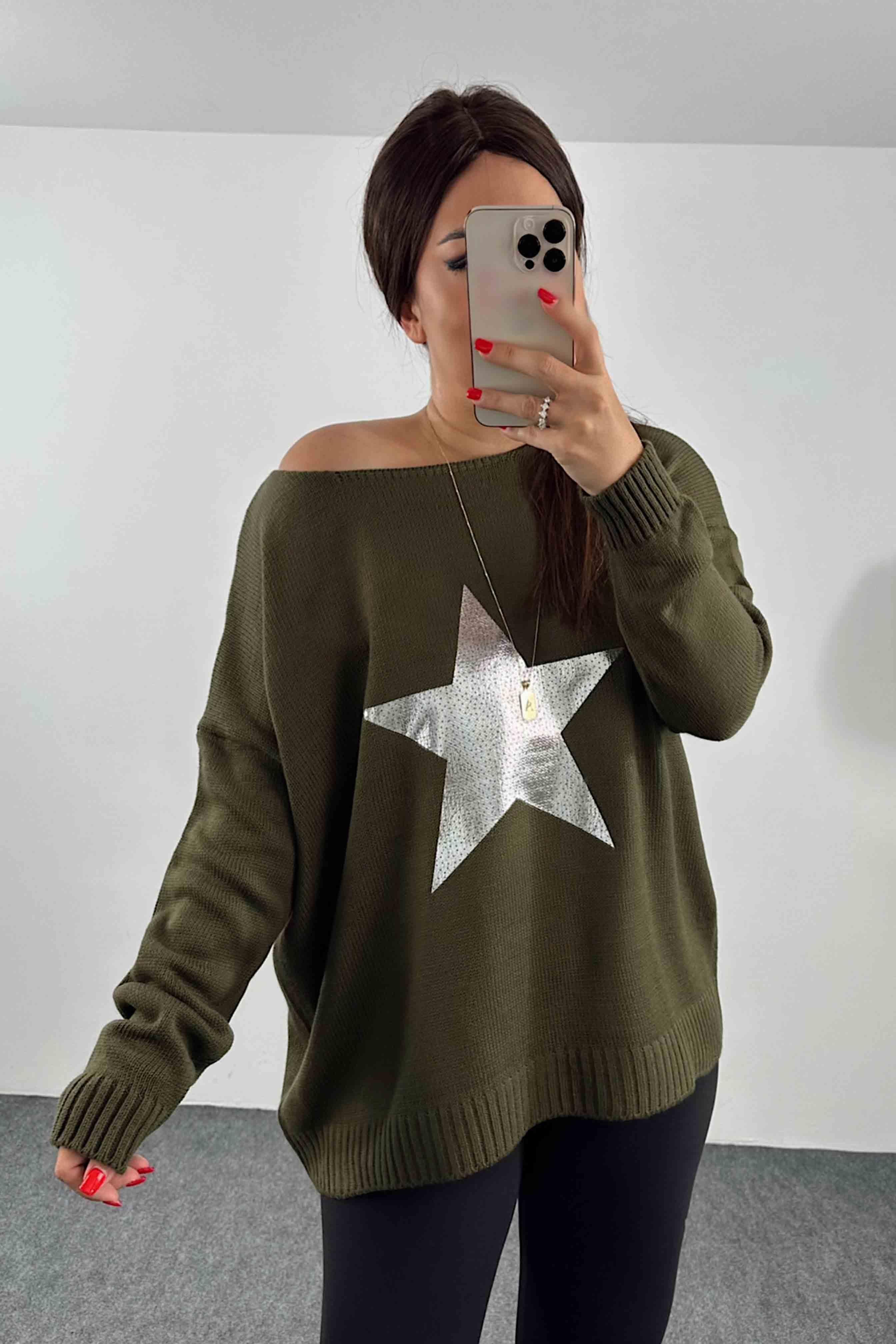 Pamuklu Örme Yıldızlı Tasarım Oversize Kazak Haki
