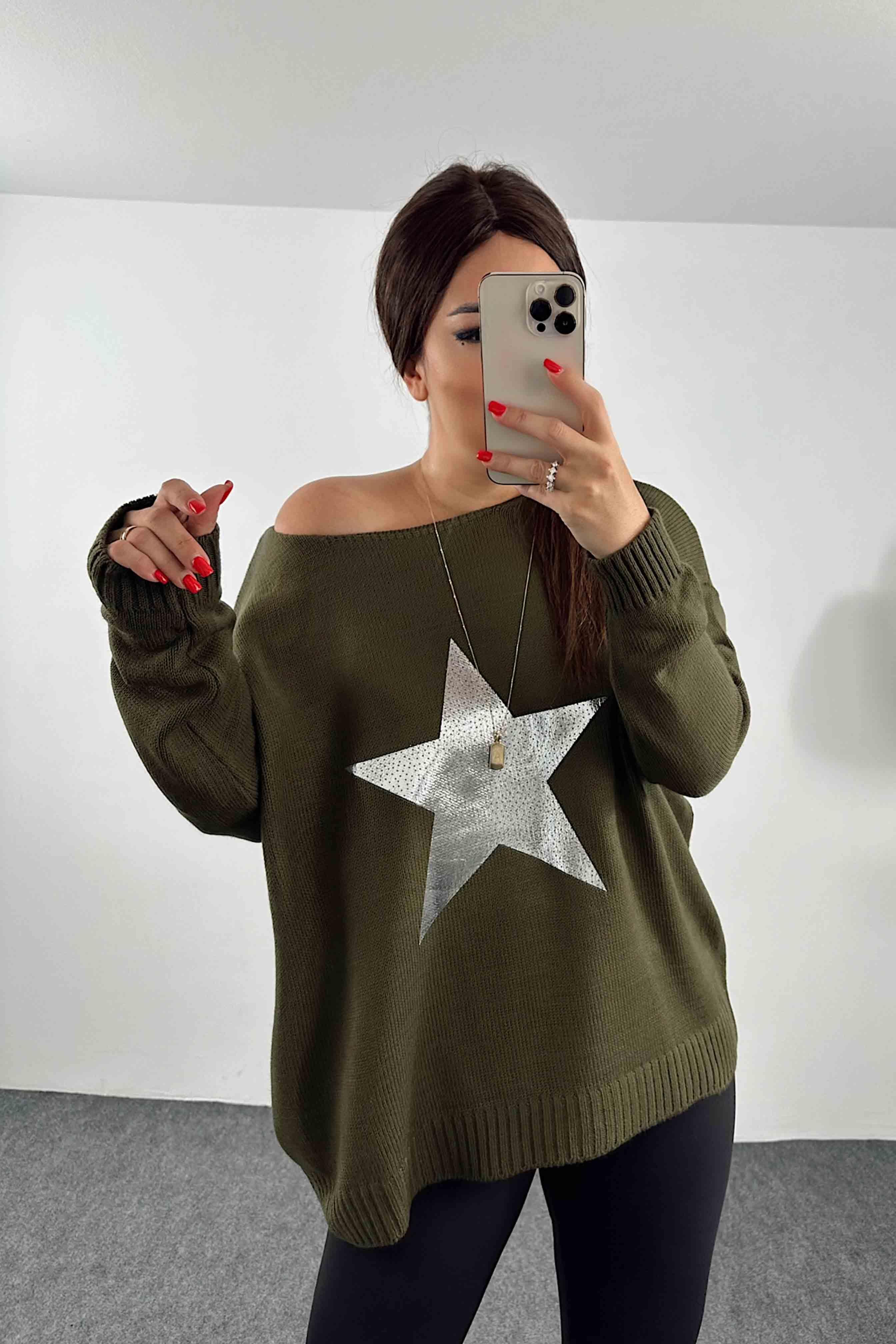 Pamuklu Örme Yıldızlı Tasarım Oversize Kazak Haki