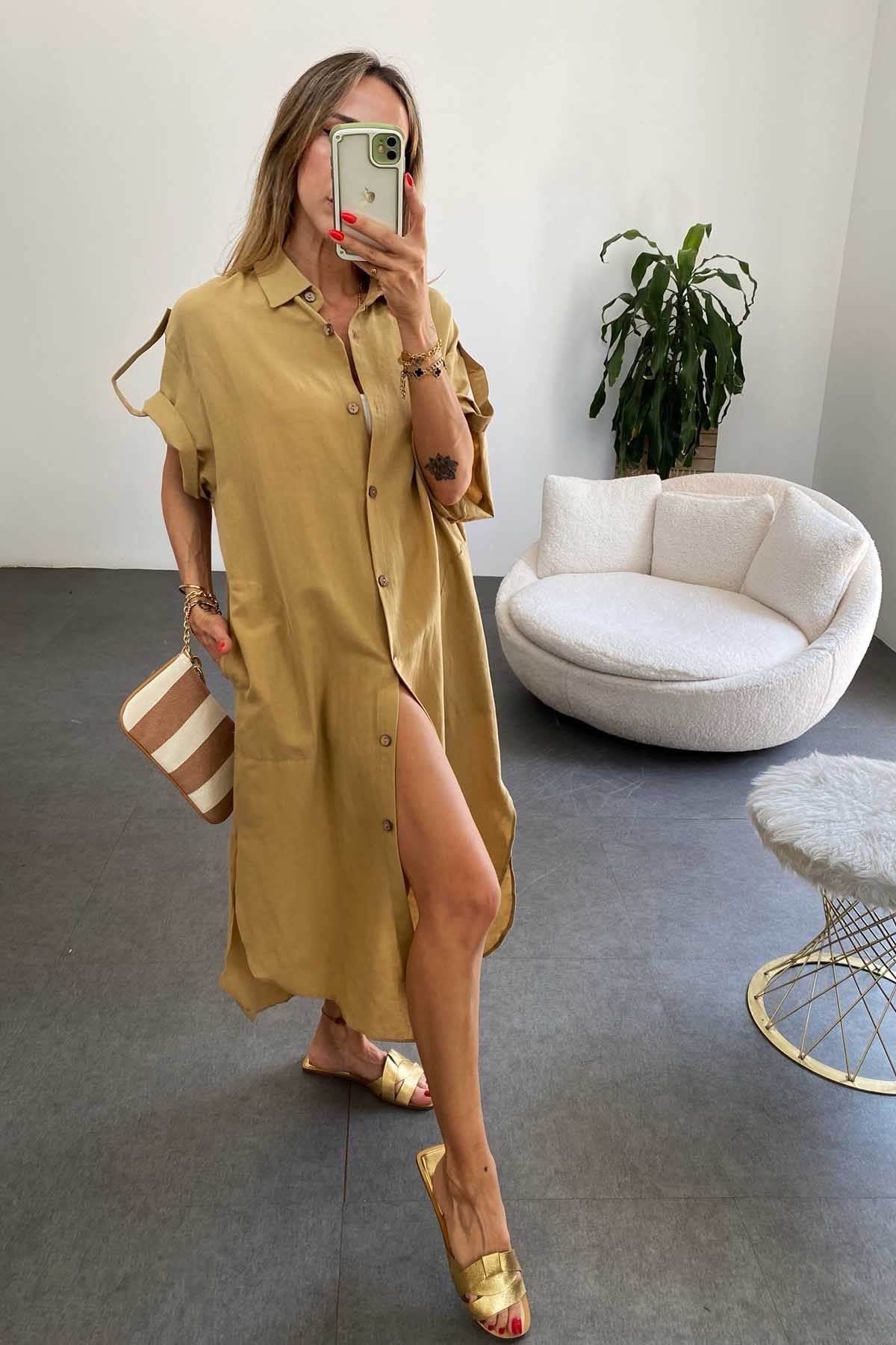 Pamuklu Oversize Elbise Camel