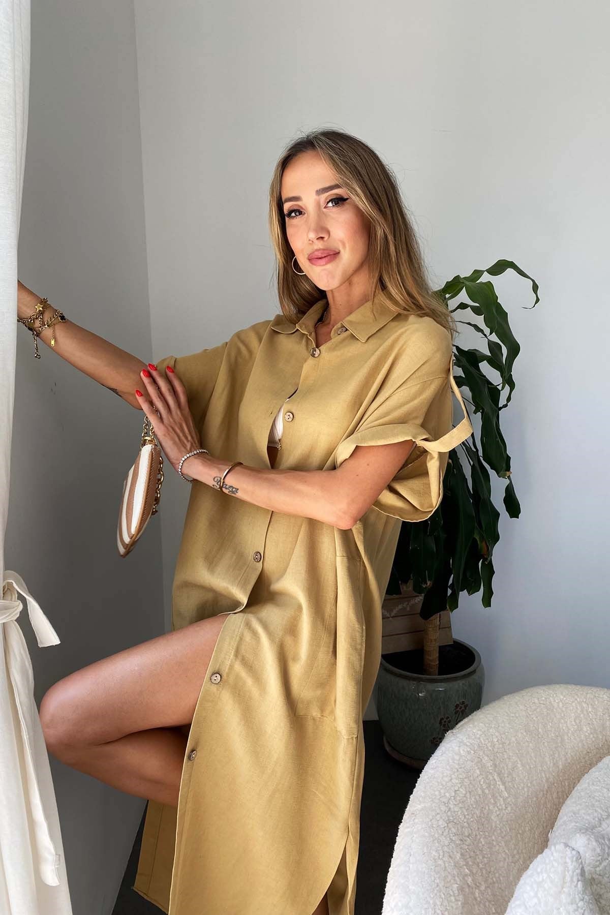 Pamuklu Oversize Elbise Camel