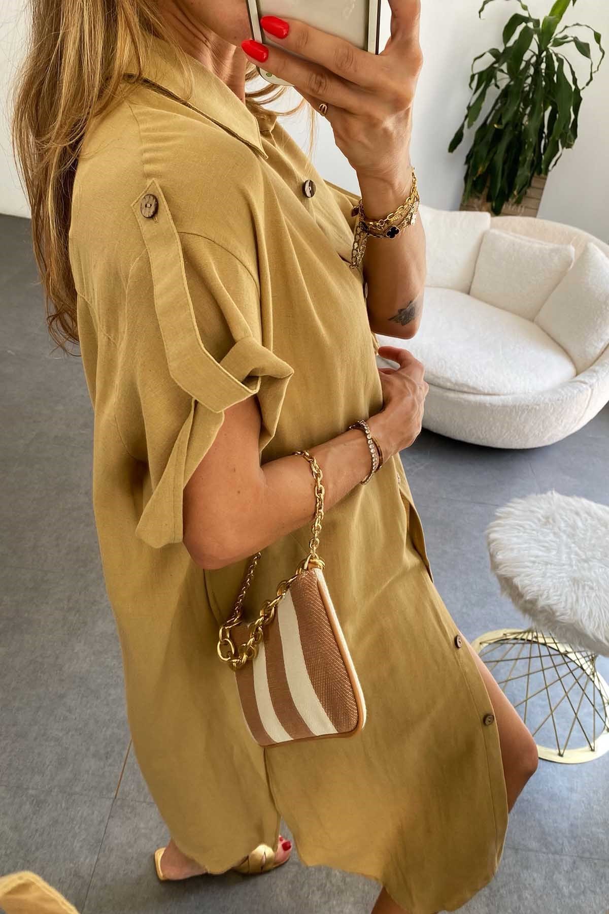 Pamuklu Oversize Elbise Camel