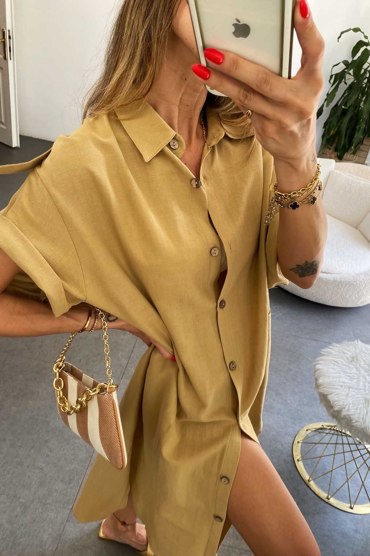 Pamuklu Oversize Elbise Camel