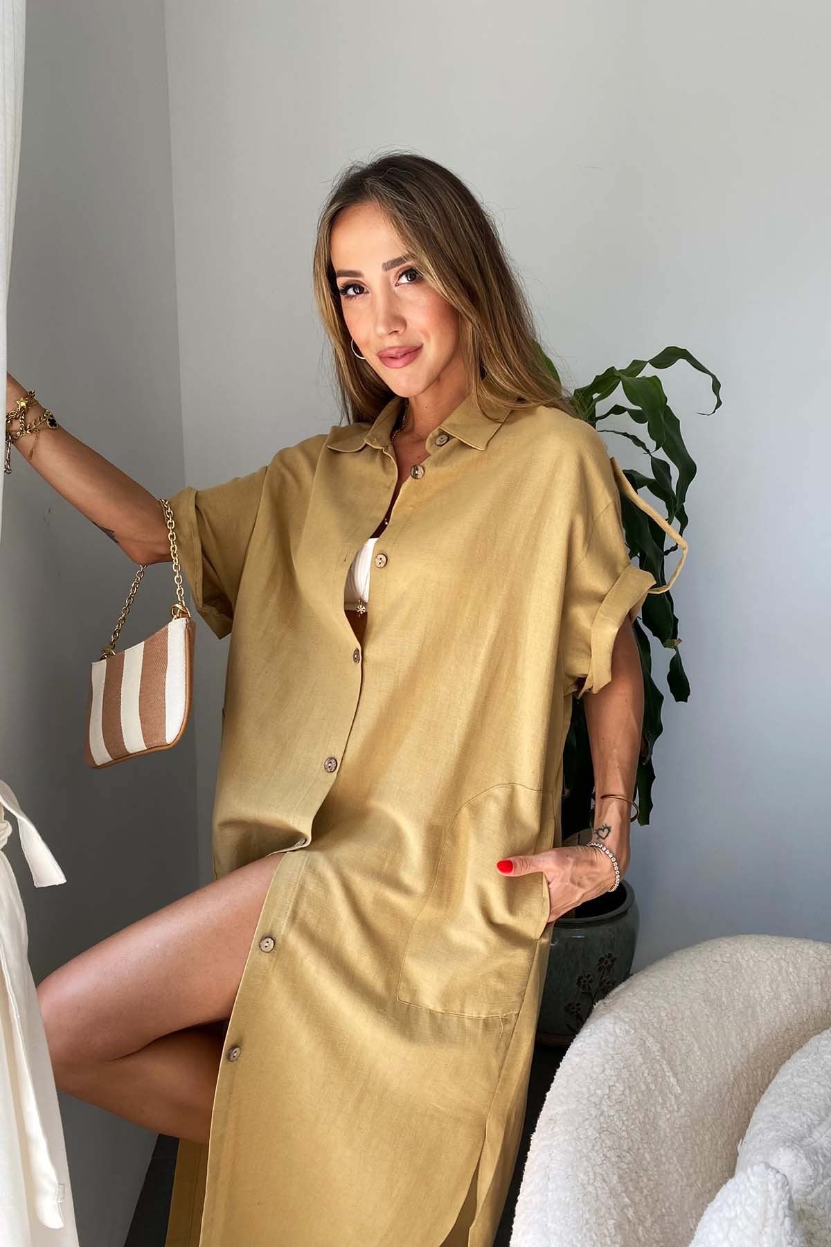 Pamuklu Oversize Elbise Camel