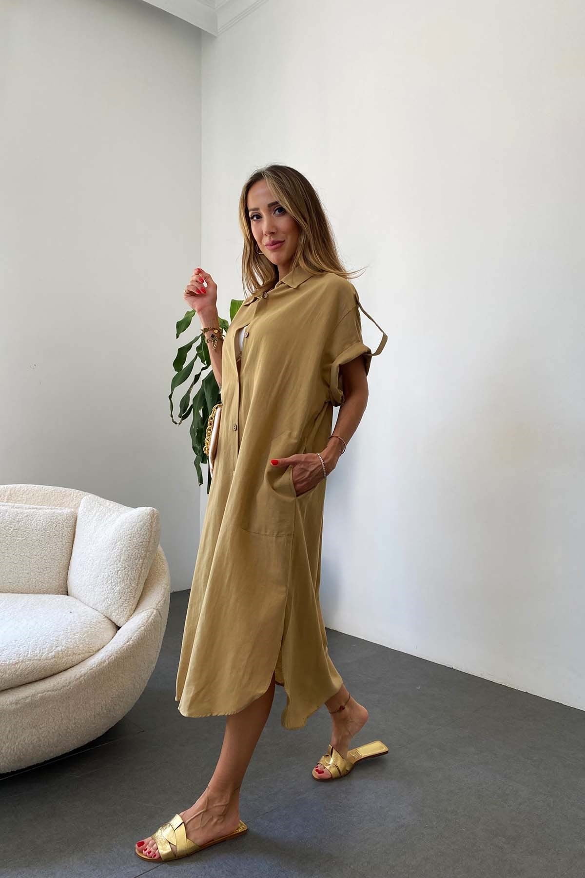 Pamuklu Oversize Elbise Camel