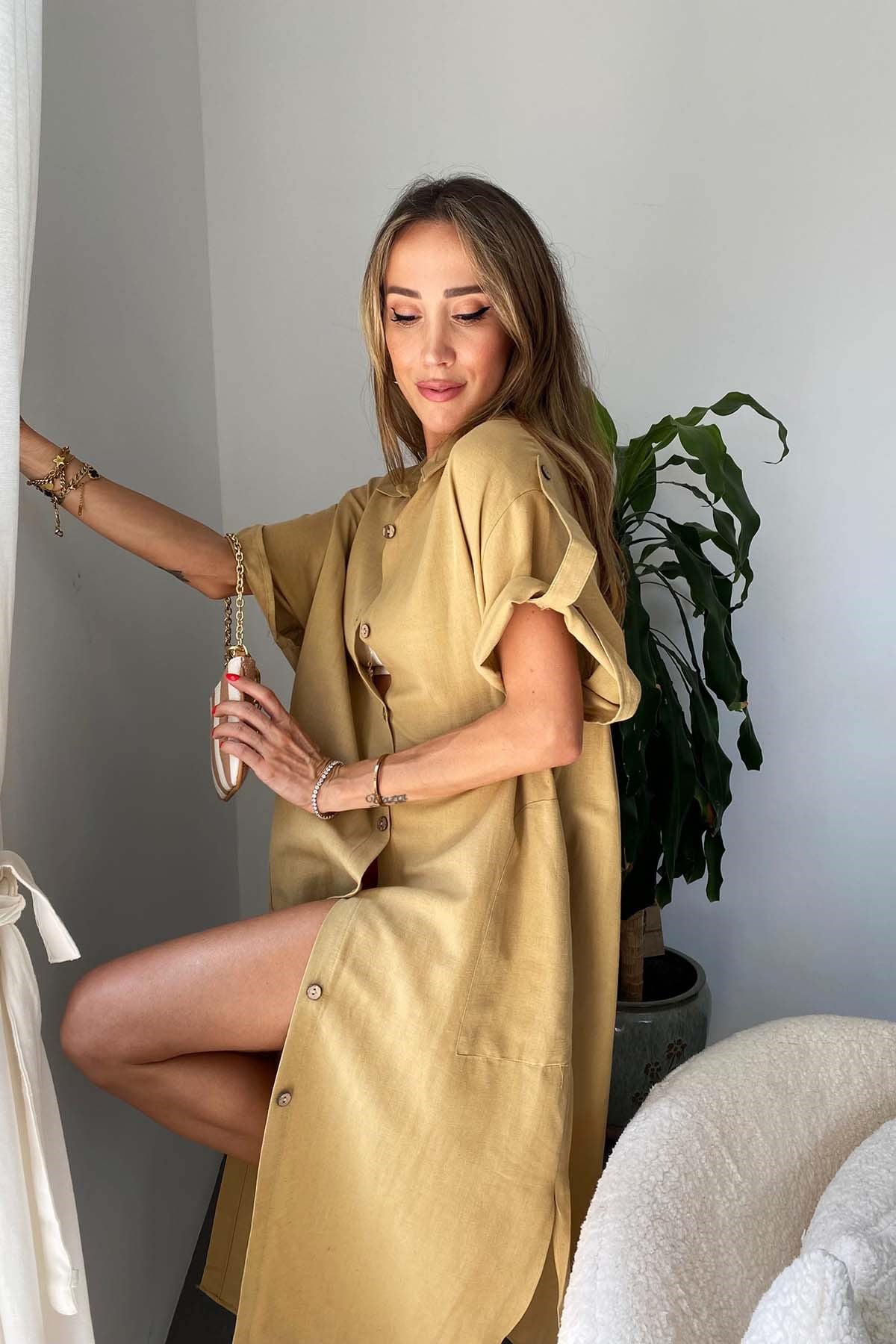 Pamuklu Oversize Elbise Camel