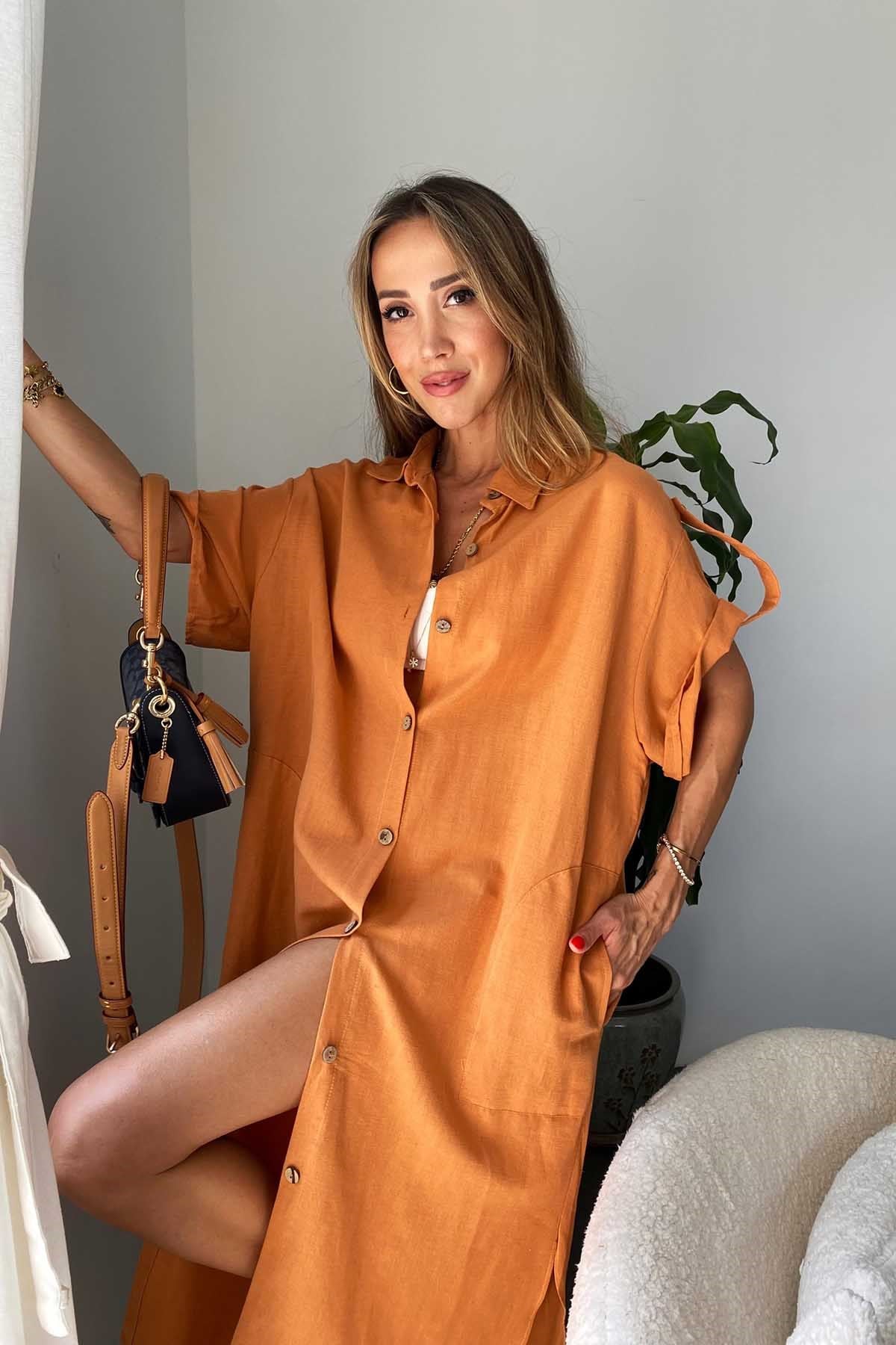 Pamuklu Oversize Elbise Turuncu