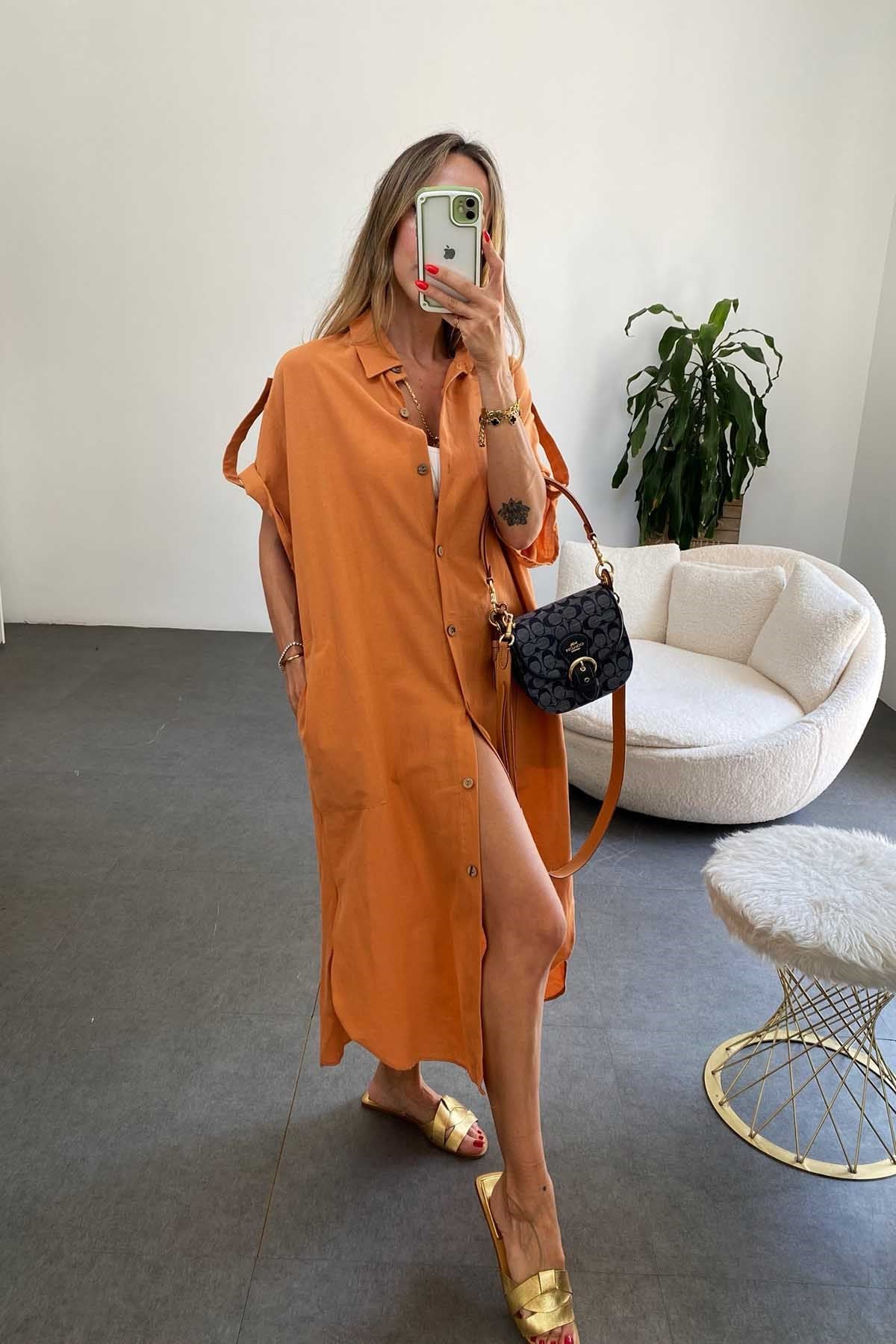 Pamuklu Oversize Elbise Turuncu