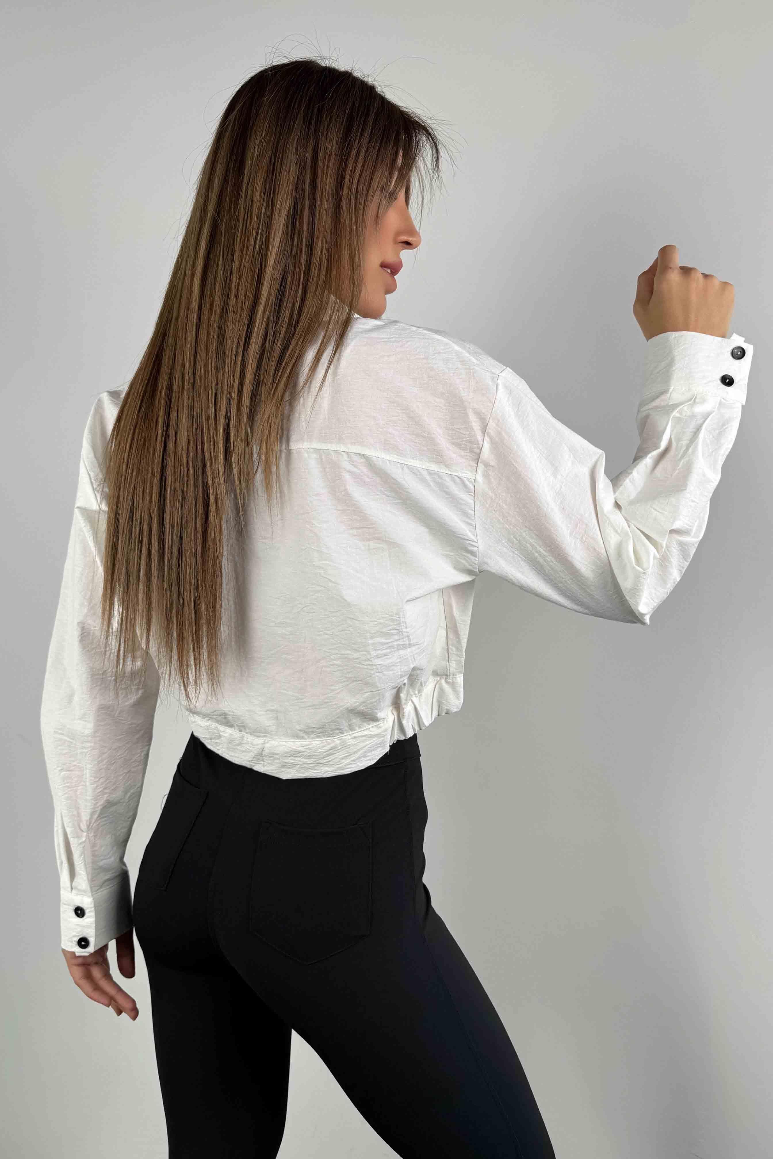 Paraşüt Kumaş Baskılı Crop Gömlek Beyaz