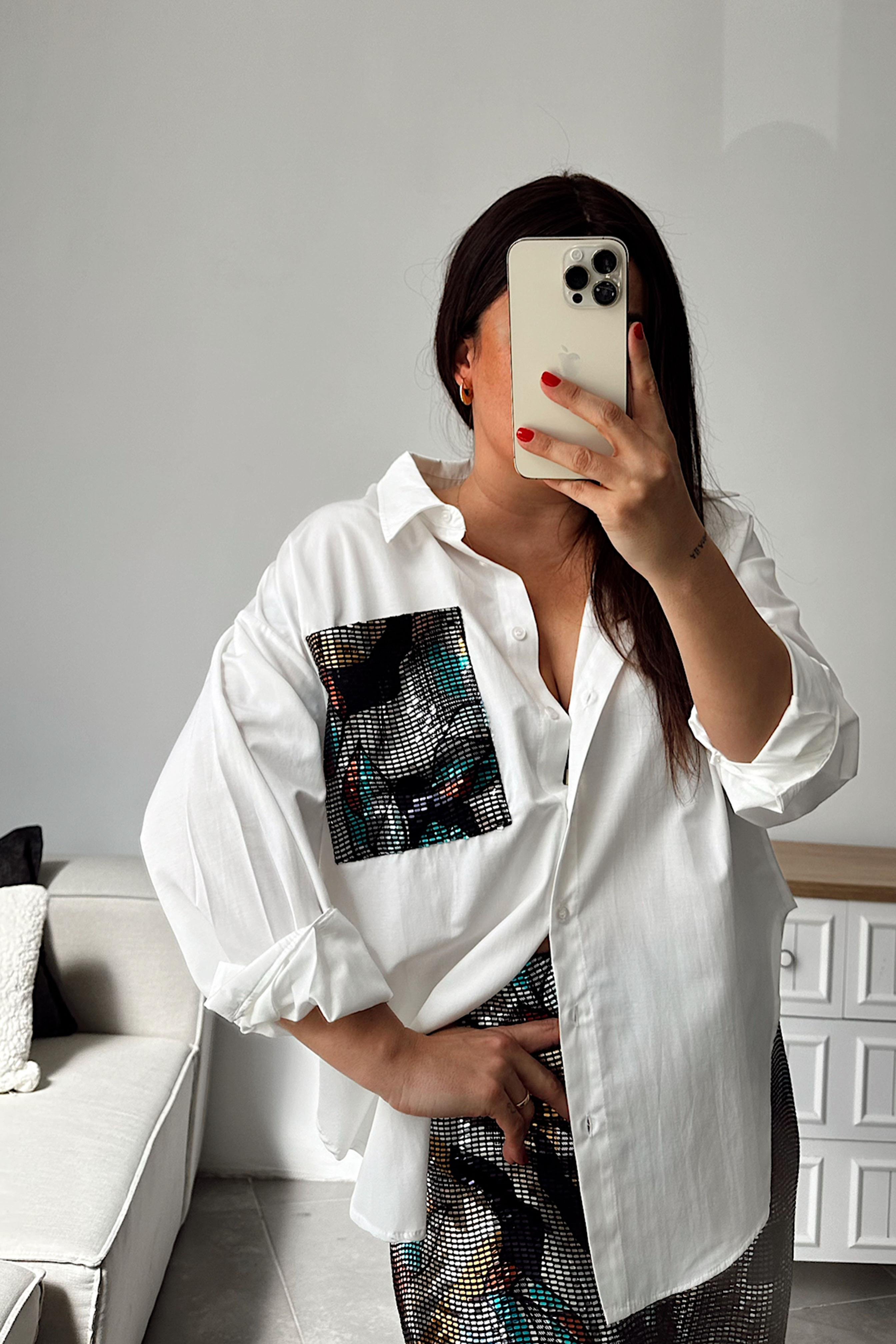 Parıltı Cep Detaylı Gömlek Beyaz