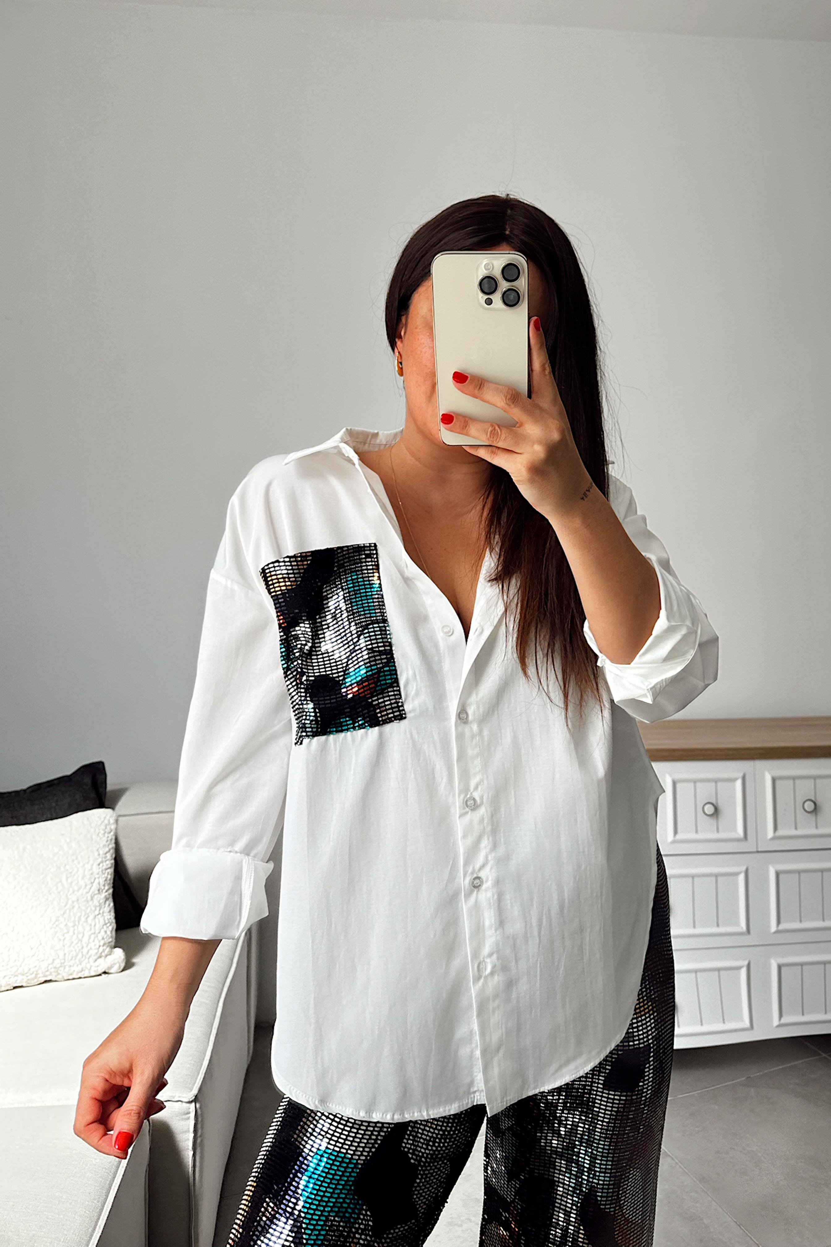 Parıltı Cep Detaylı Gömlek Beyaz