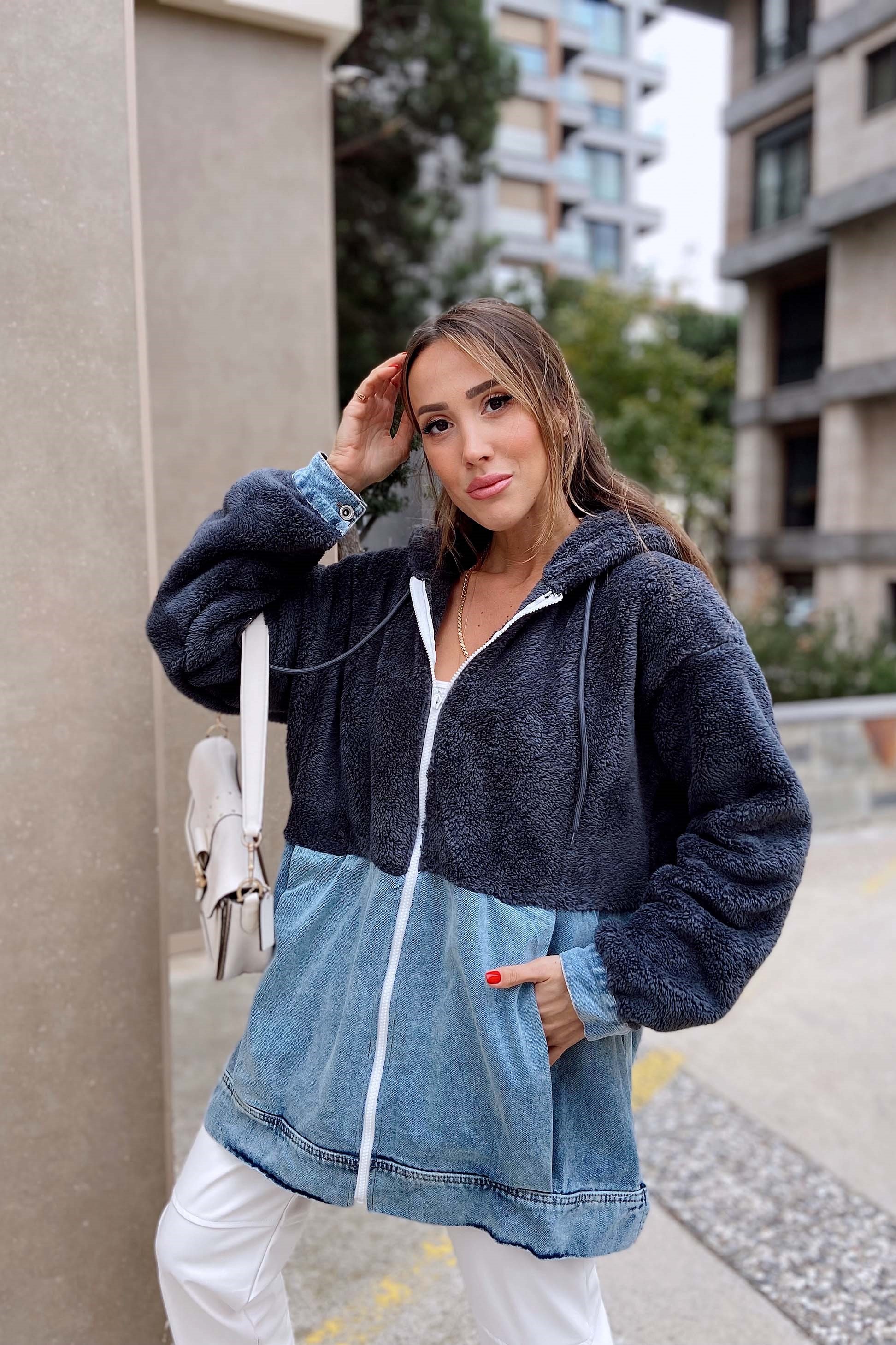 Peluş Fermuarlı Sweatshirt Antrasit