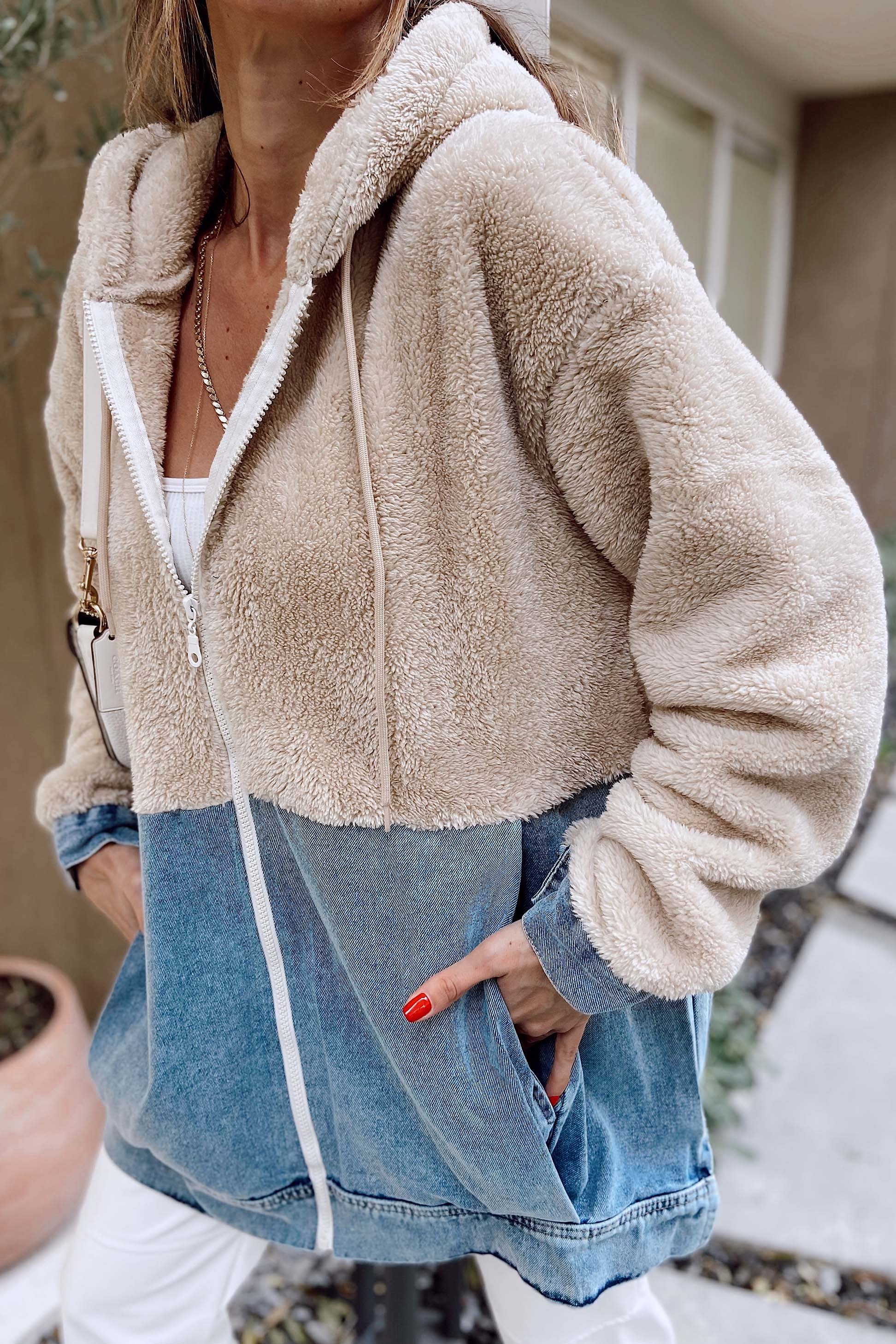 Peluş Fermuarlı Sweatshirt Bej