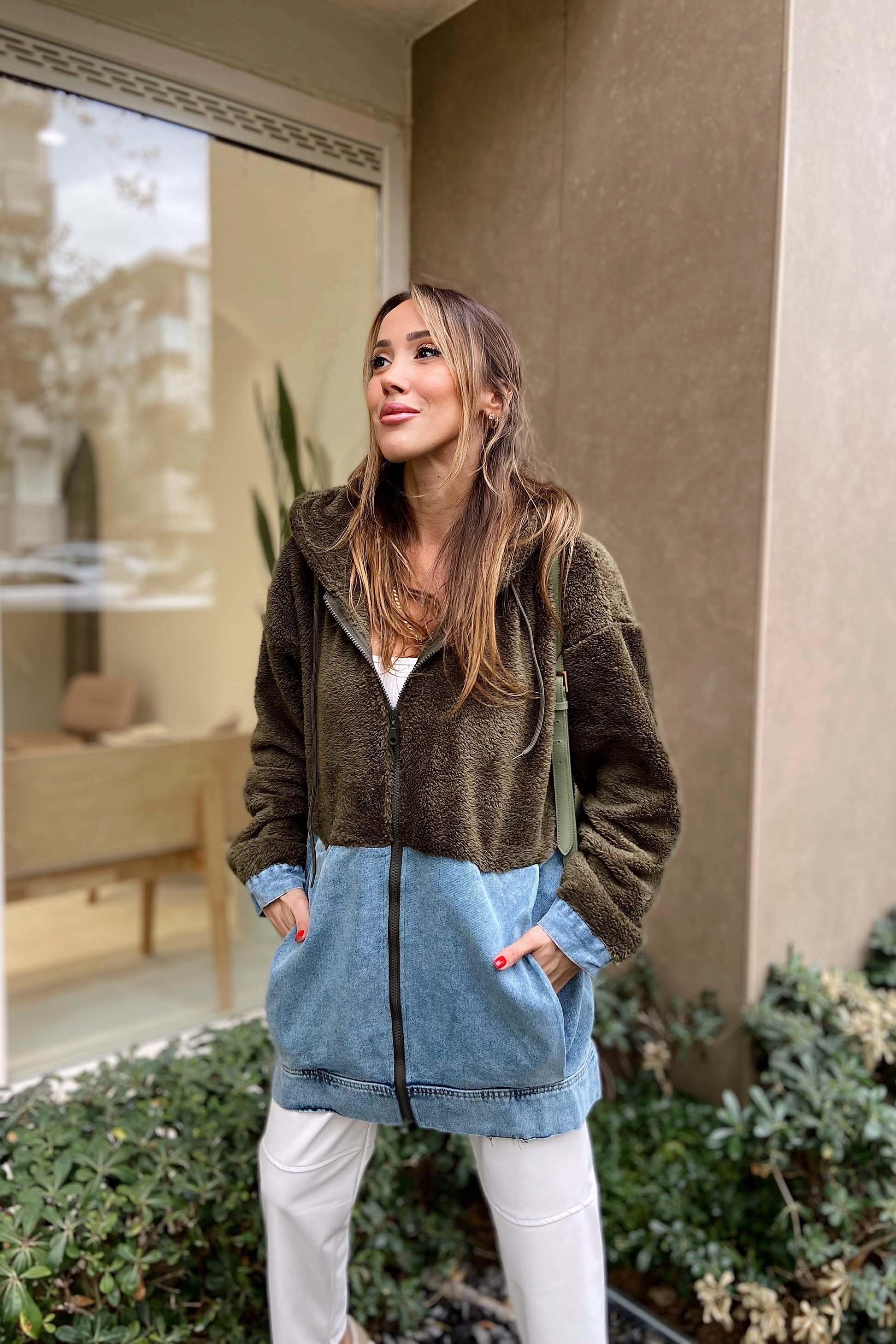 Peluş Fermuarlı Sweatshirt Yeşil