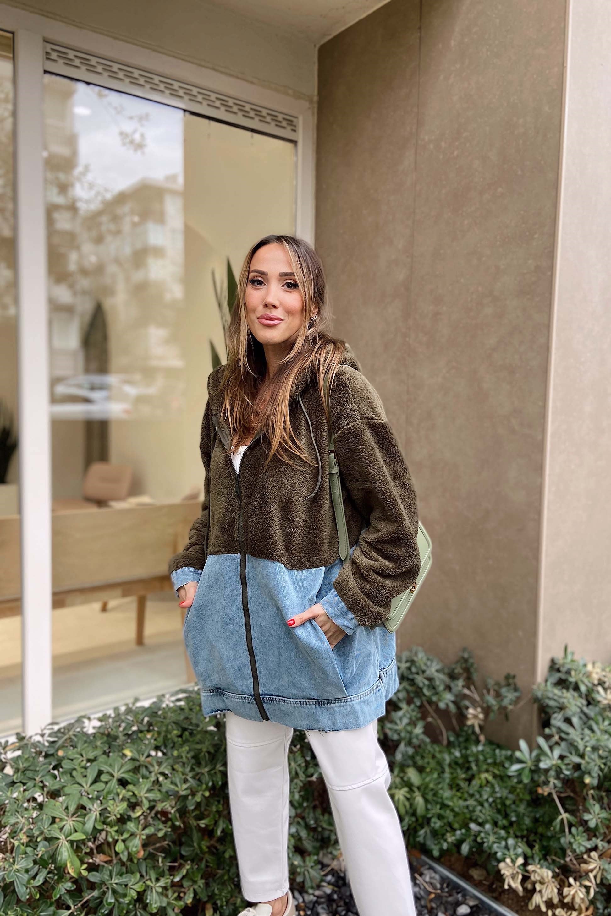 Peluş Fermuarlı Sweatshirt Yeşil