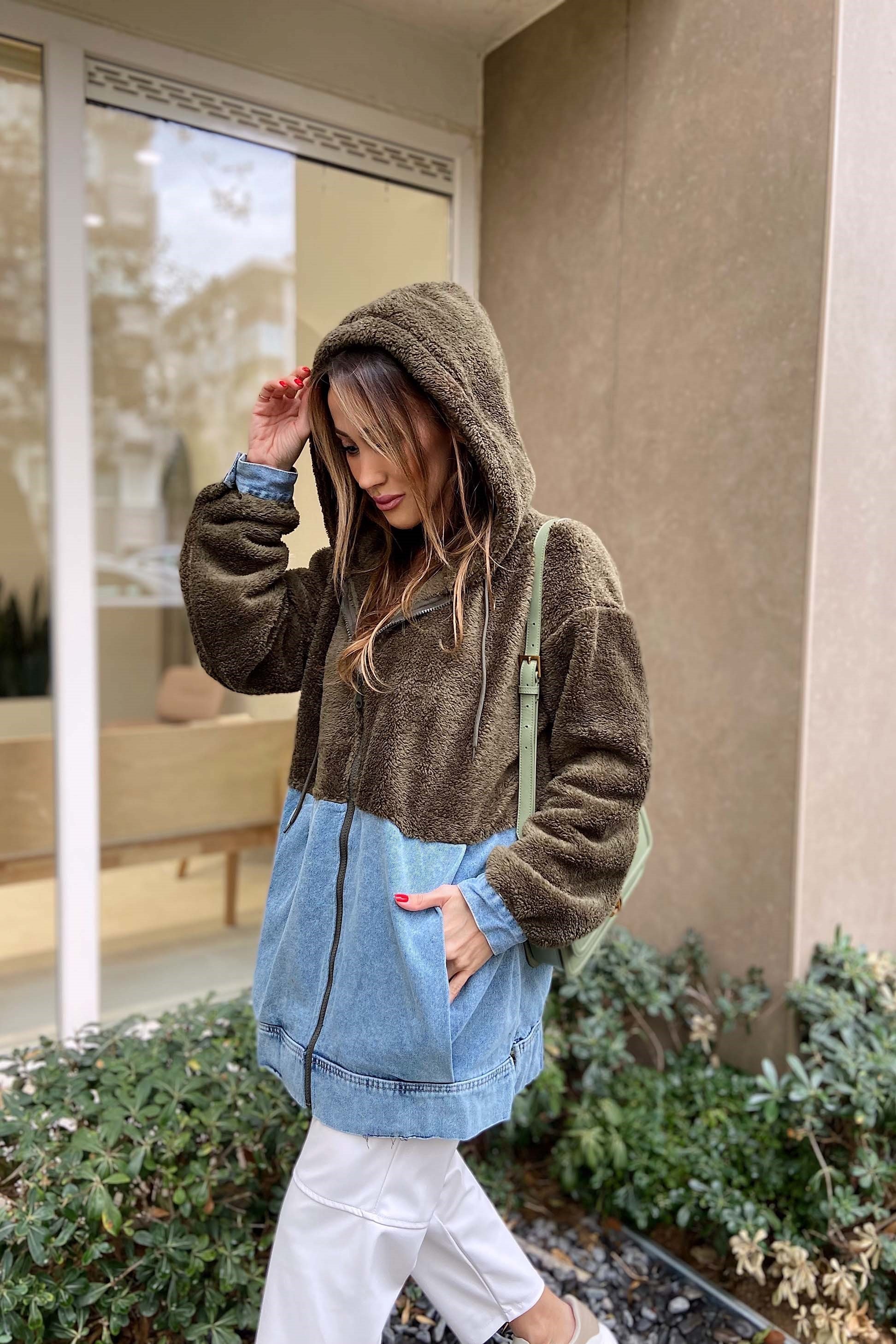 Peluş Fermuarlı Sweatshirt Yeşil
