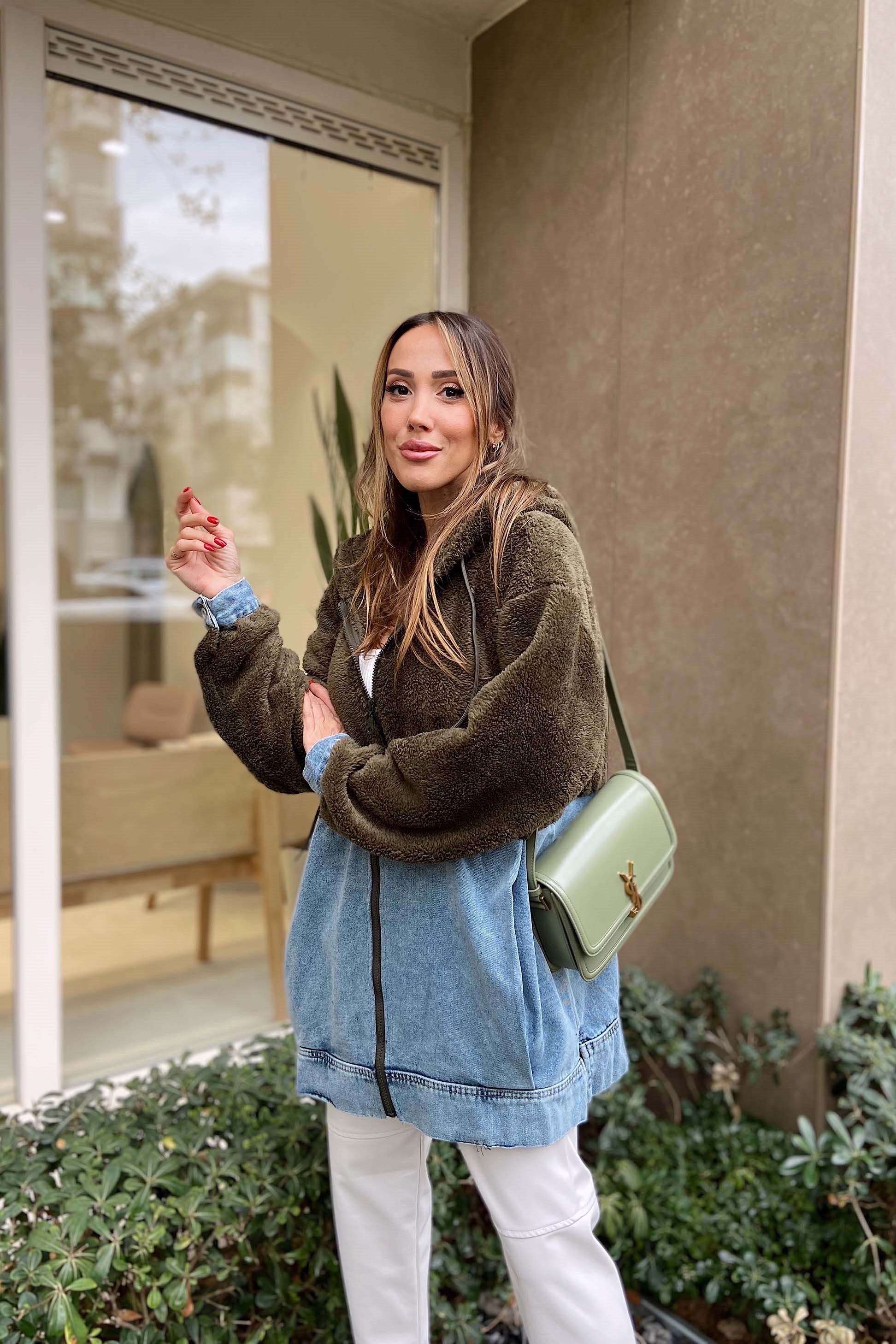 Peluş Fermuarlı Sweatshirt Yeşil