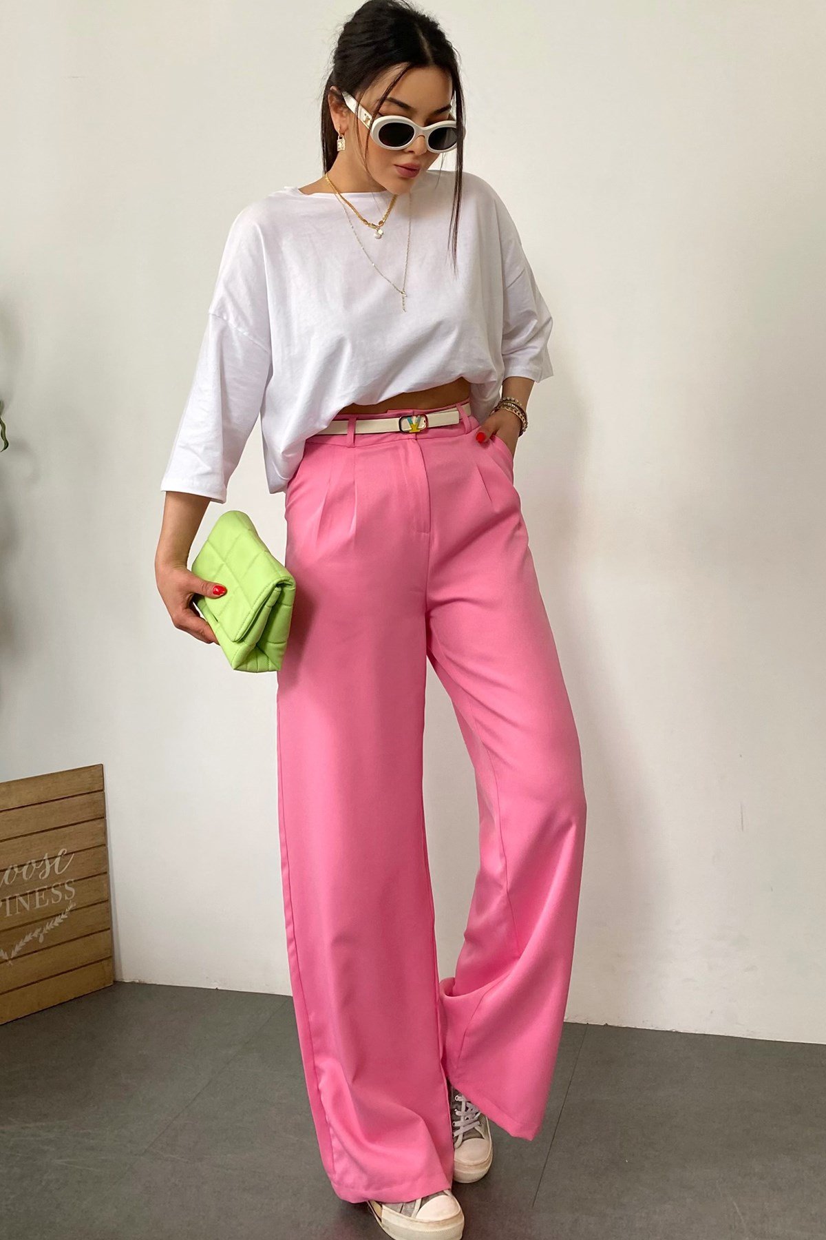 Pembe Beli Minik Pili Detay Tasarım Sunny Palazzo Pantolon