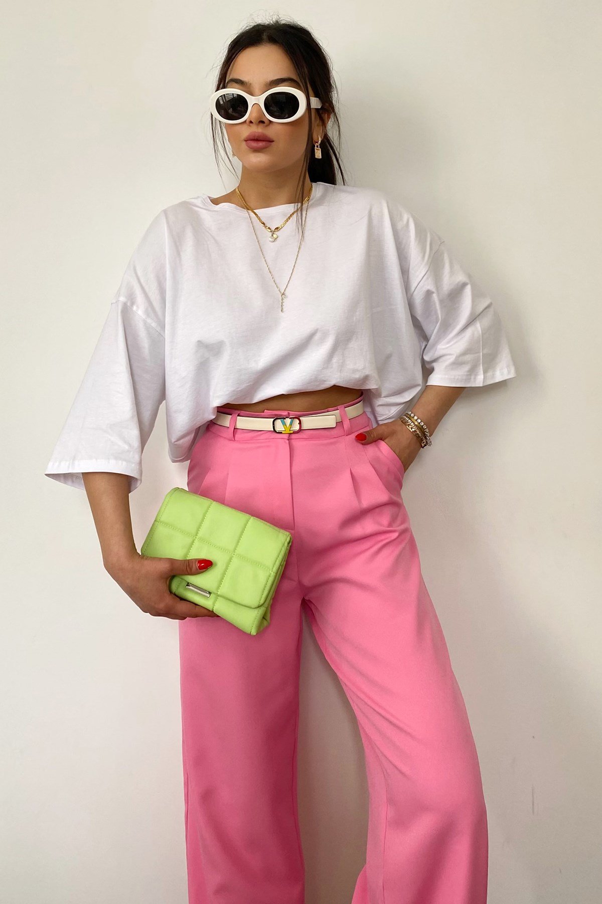 Pembe Beli Minik Pili Detay Tasarım Sunny Palazzo Pantolon
