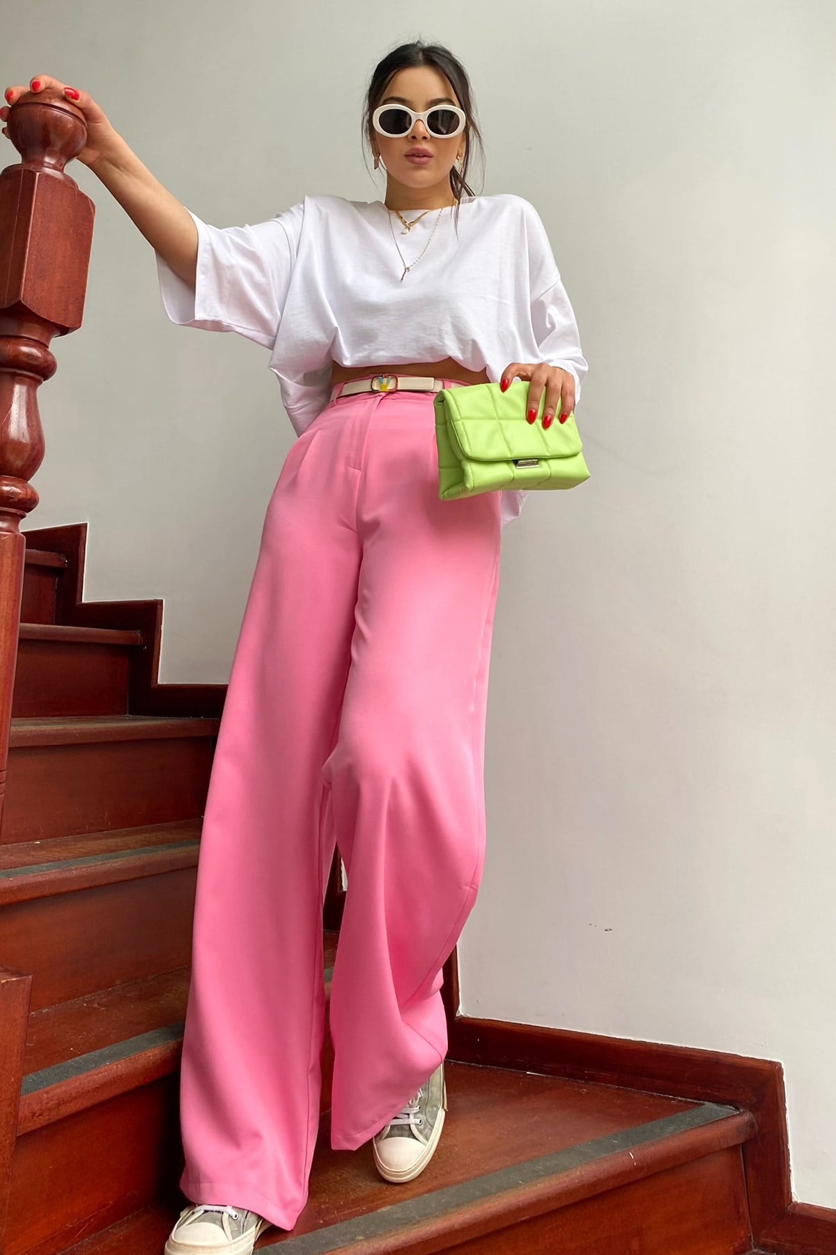 Pembe Beli Minik Pili Detay Tasarım Sunny Palazzo Pantolon