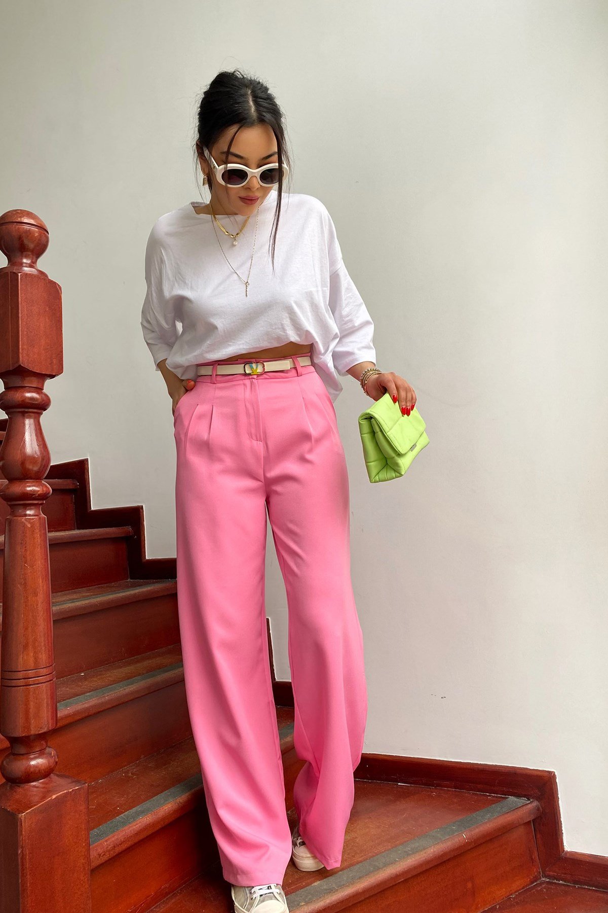Pembe Beli Minik Pili Detay Tasarım Sunny Palazzo Pantolon