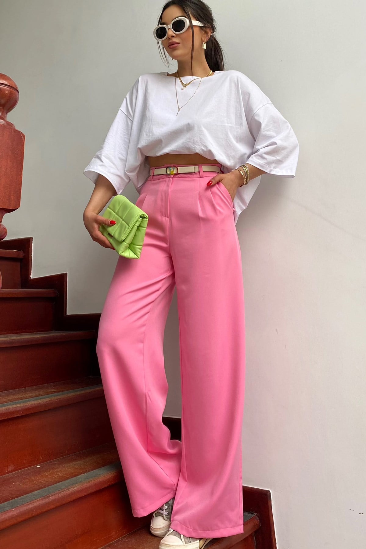 Pembe Beli Minik Pili Detay Tasarım Sunny Palazzo Pantolon
