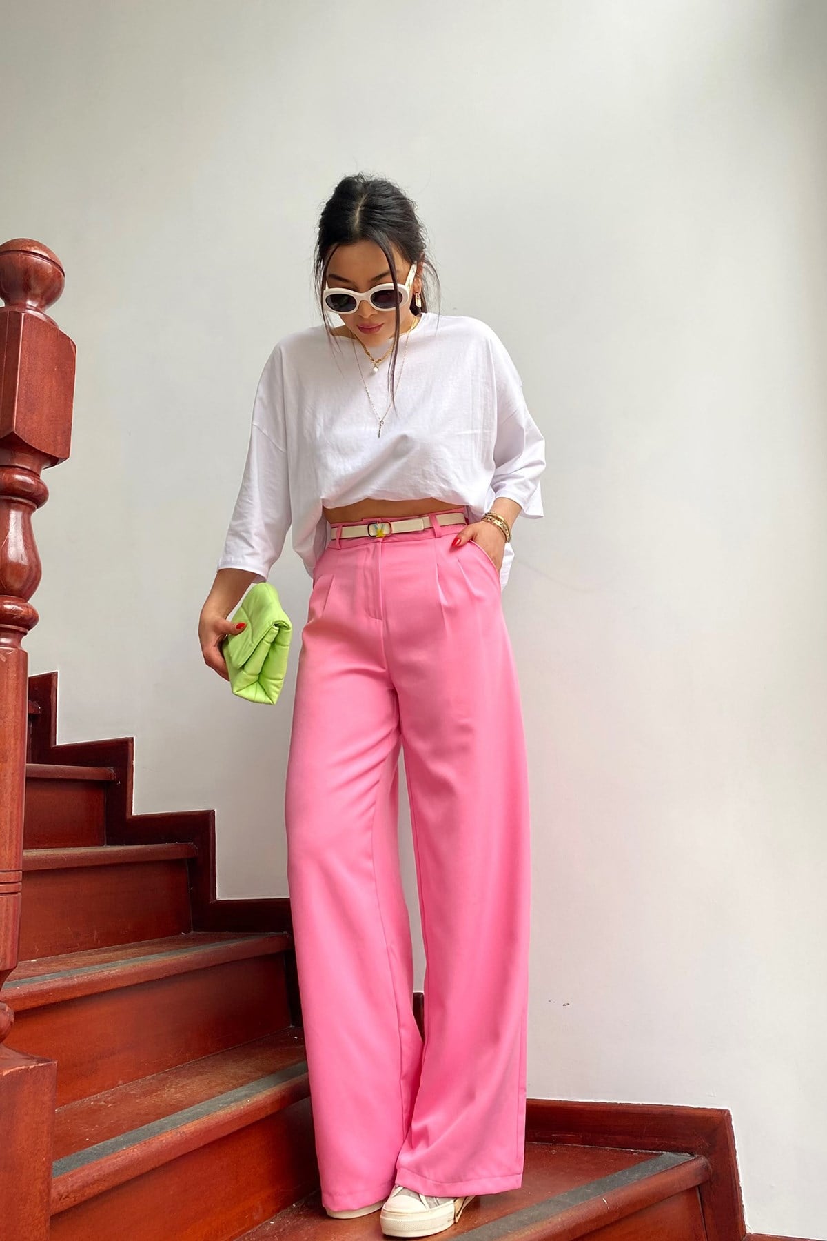Pembe Beli Minik Pili Detay Tasarım Sunny Palazzo Pantolon