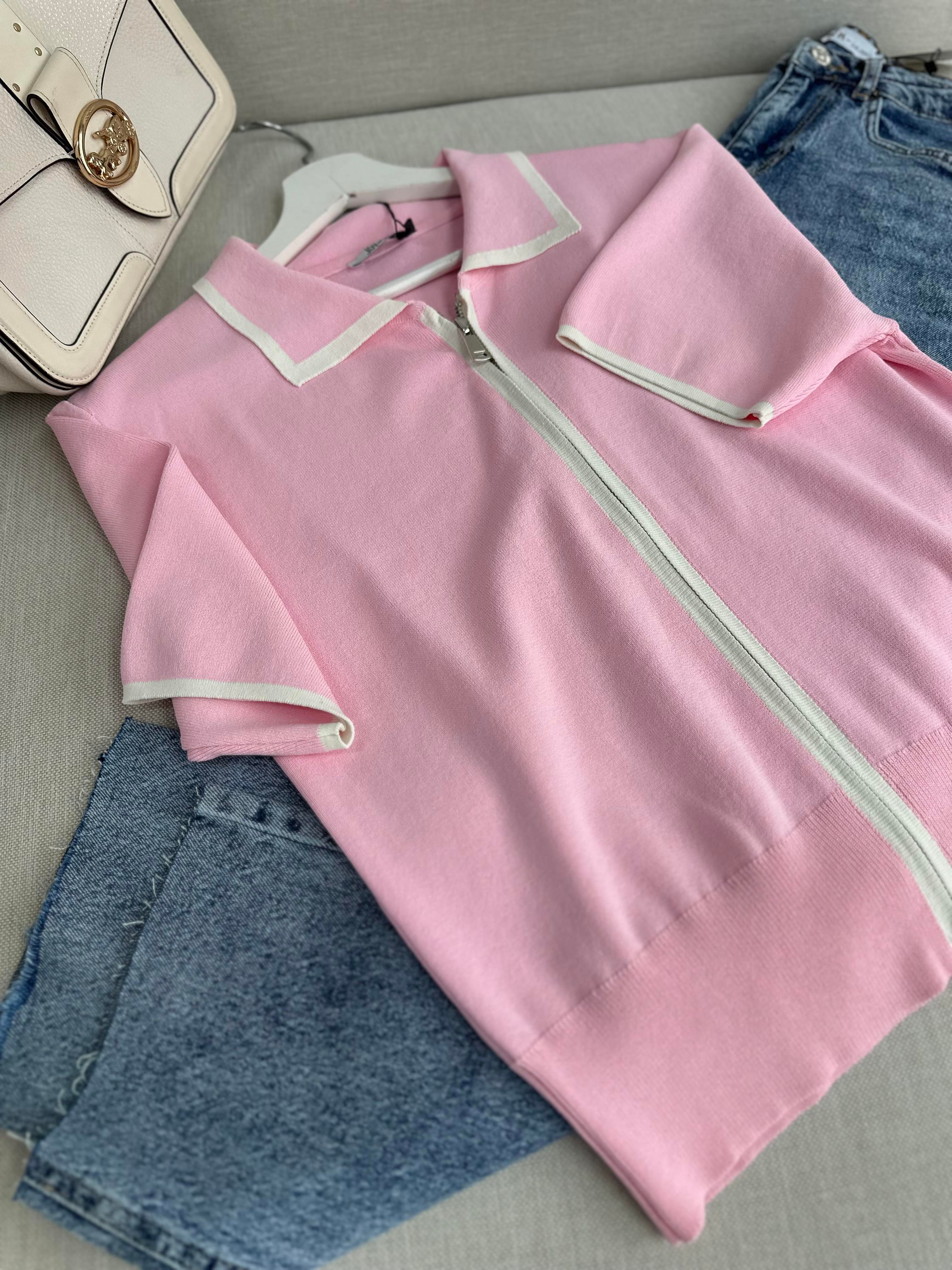 Pembe Biye Geçişli Çift Fermuarlı Tok Merserize Hırka