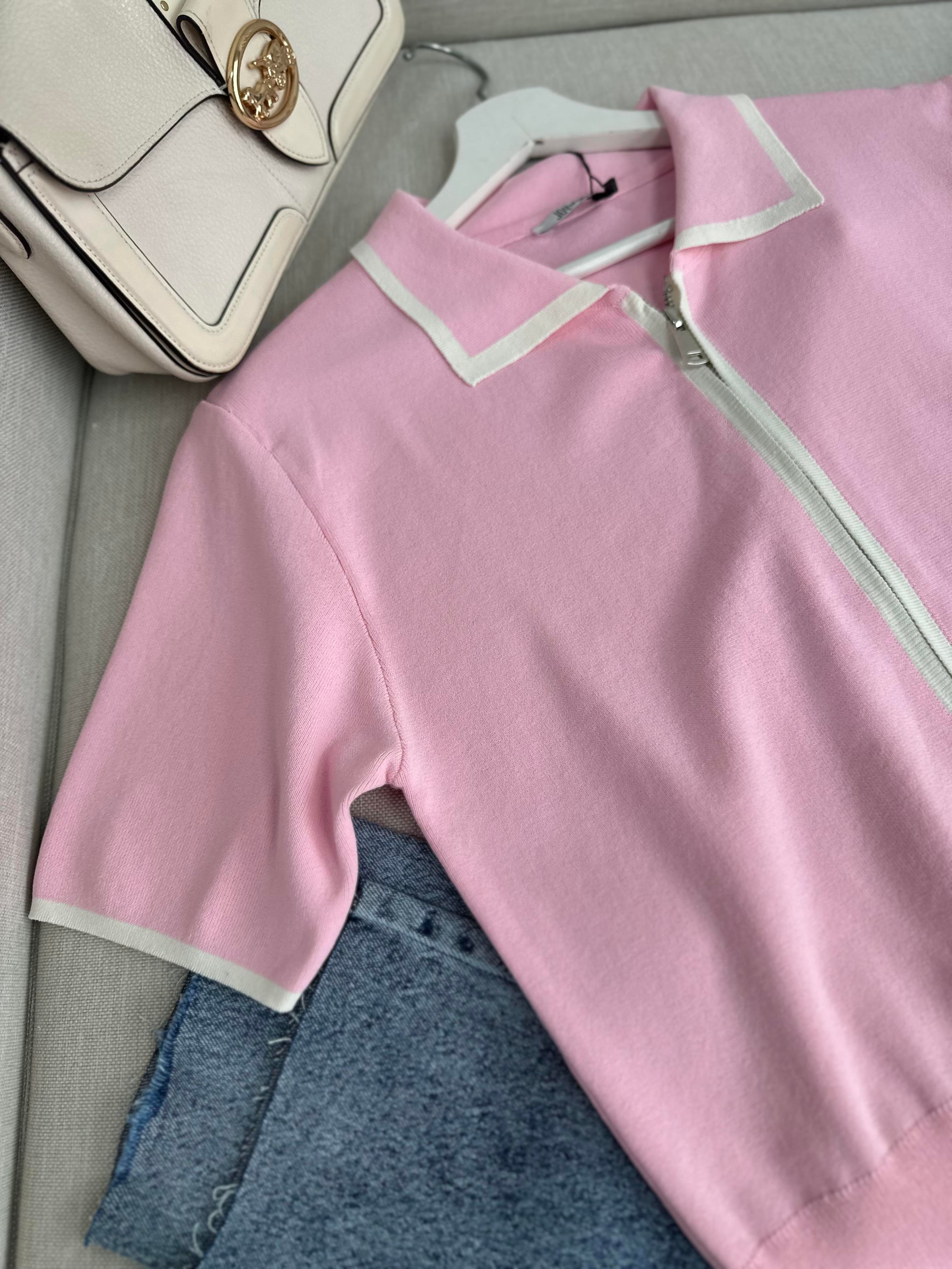 Pembe Biye Geçişli Çift Fermuarlı Tok Merserize Hırka