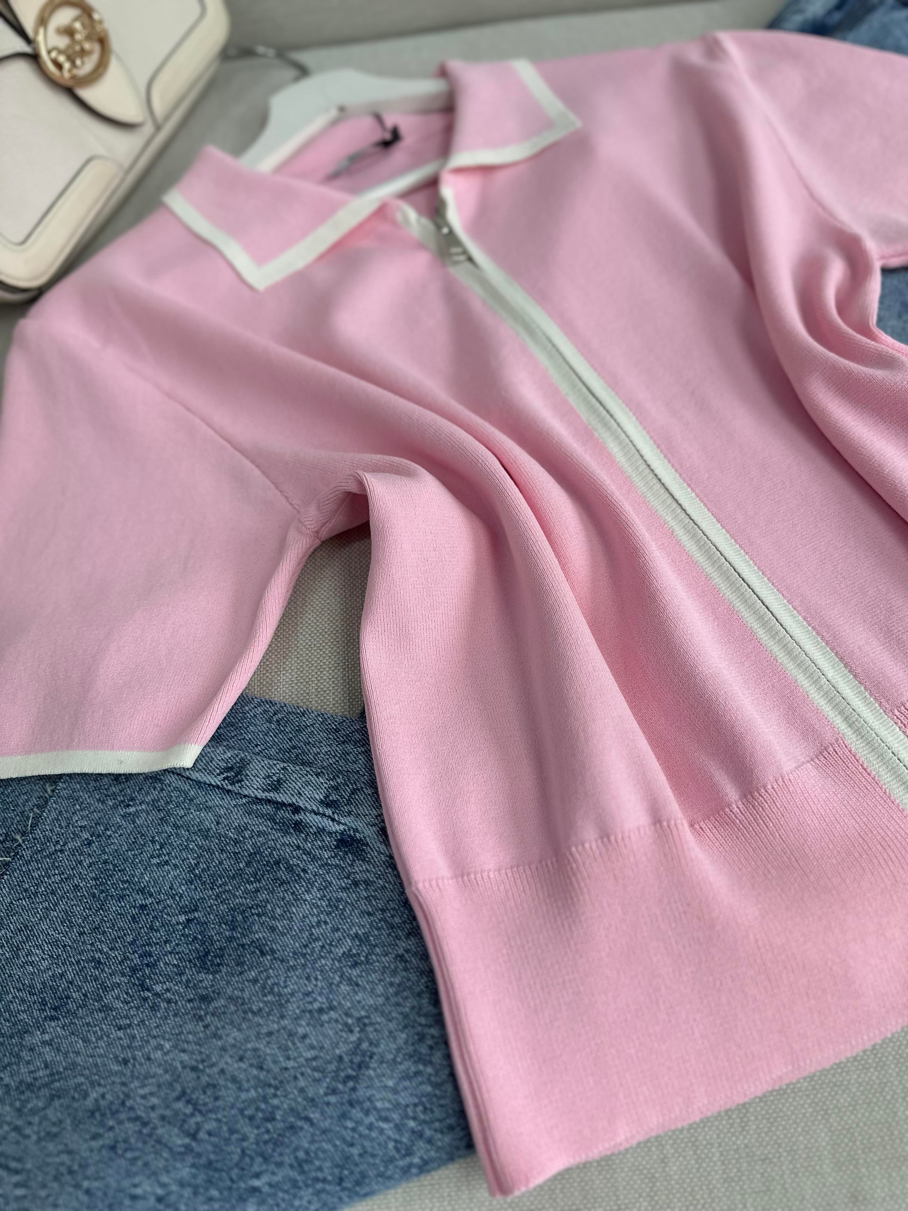 Pembe Biye Geçişli Çift Fermuarlı Tok Merserize Hırka