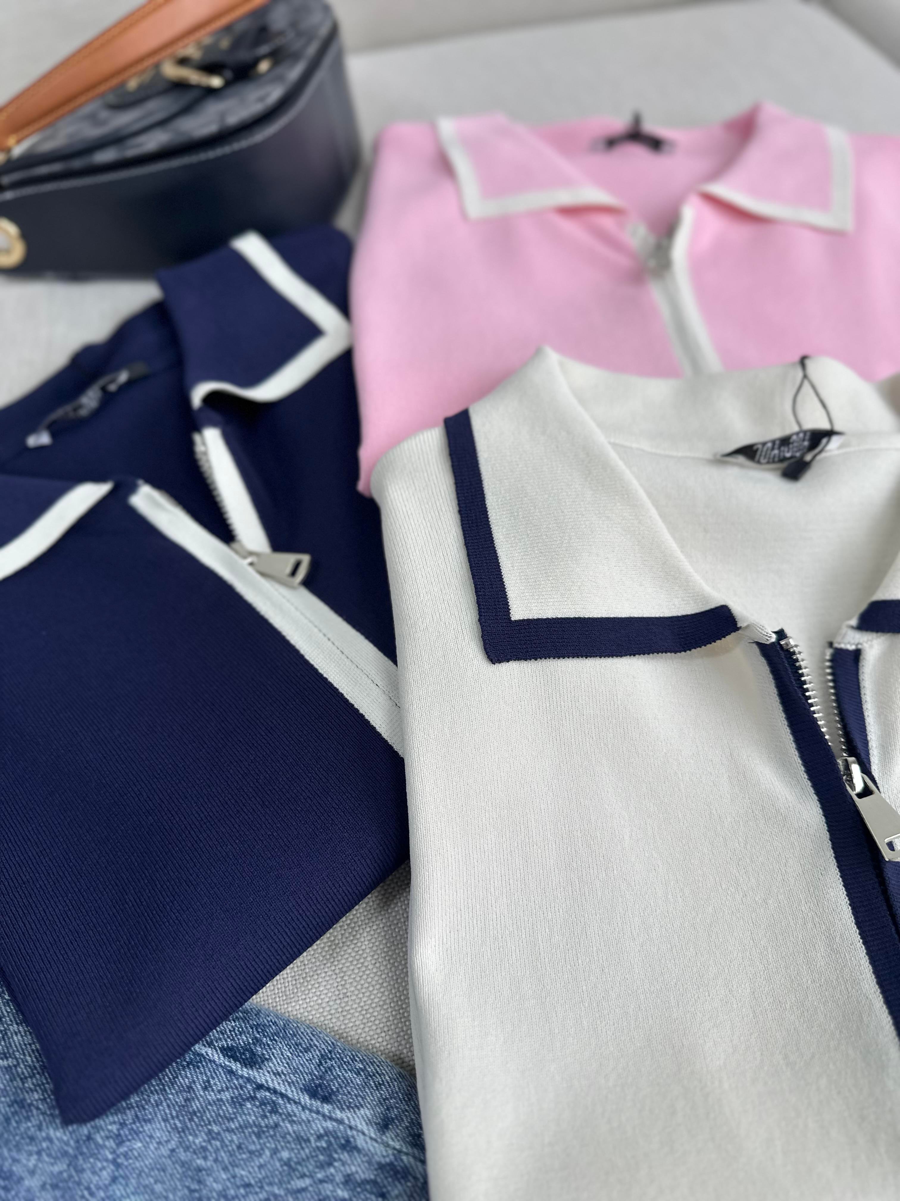 Pembe Biye Geçişli Çift Fermuarlı Tok Merserize Hırka