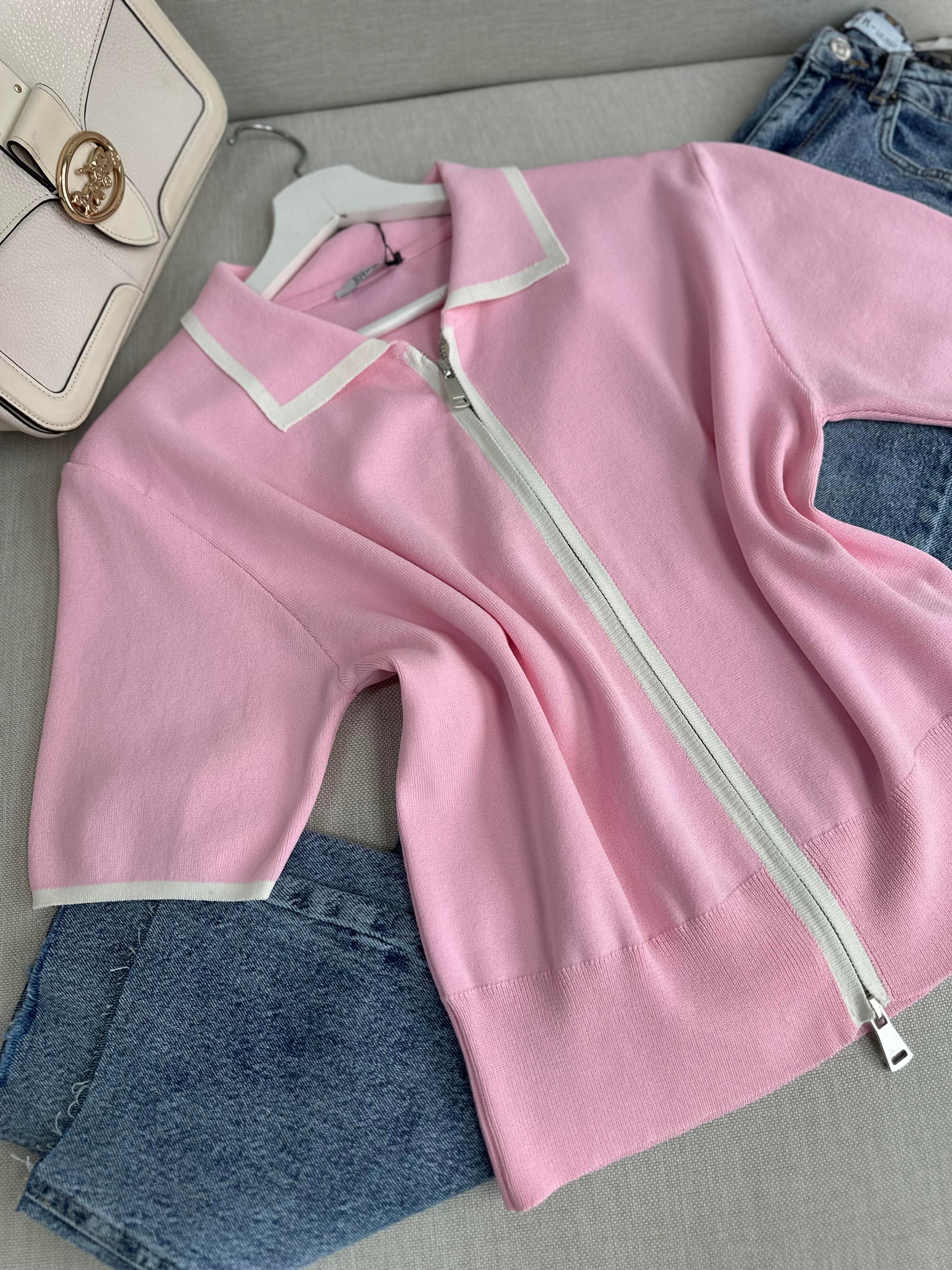 Pembe Biye Geçişli Çift Fermuarlı Tok Merserize Hırka