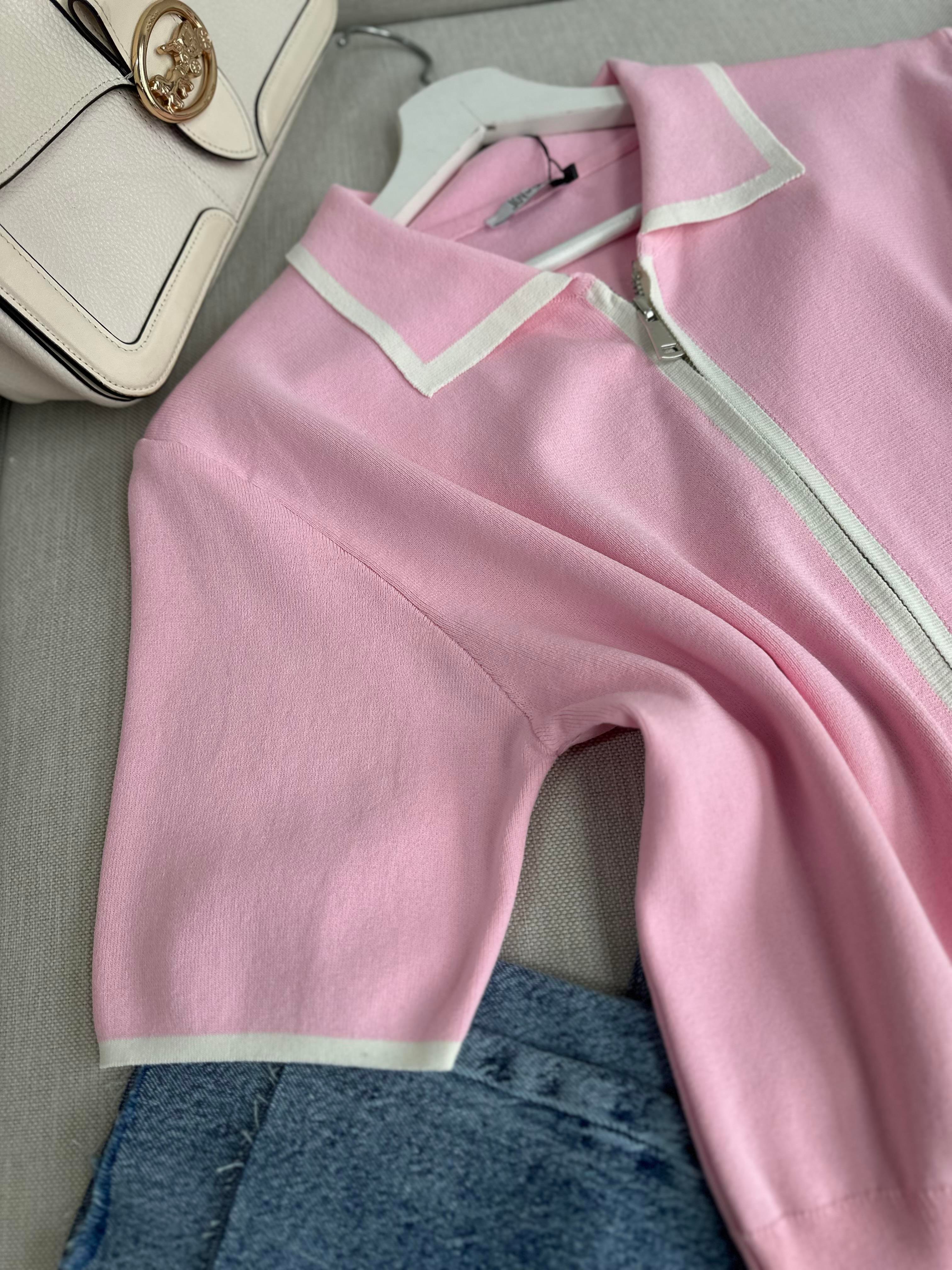 Pembe Biye Geçişli Çift Fermuarlı Tok Merserize Hırka
