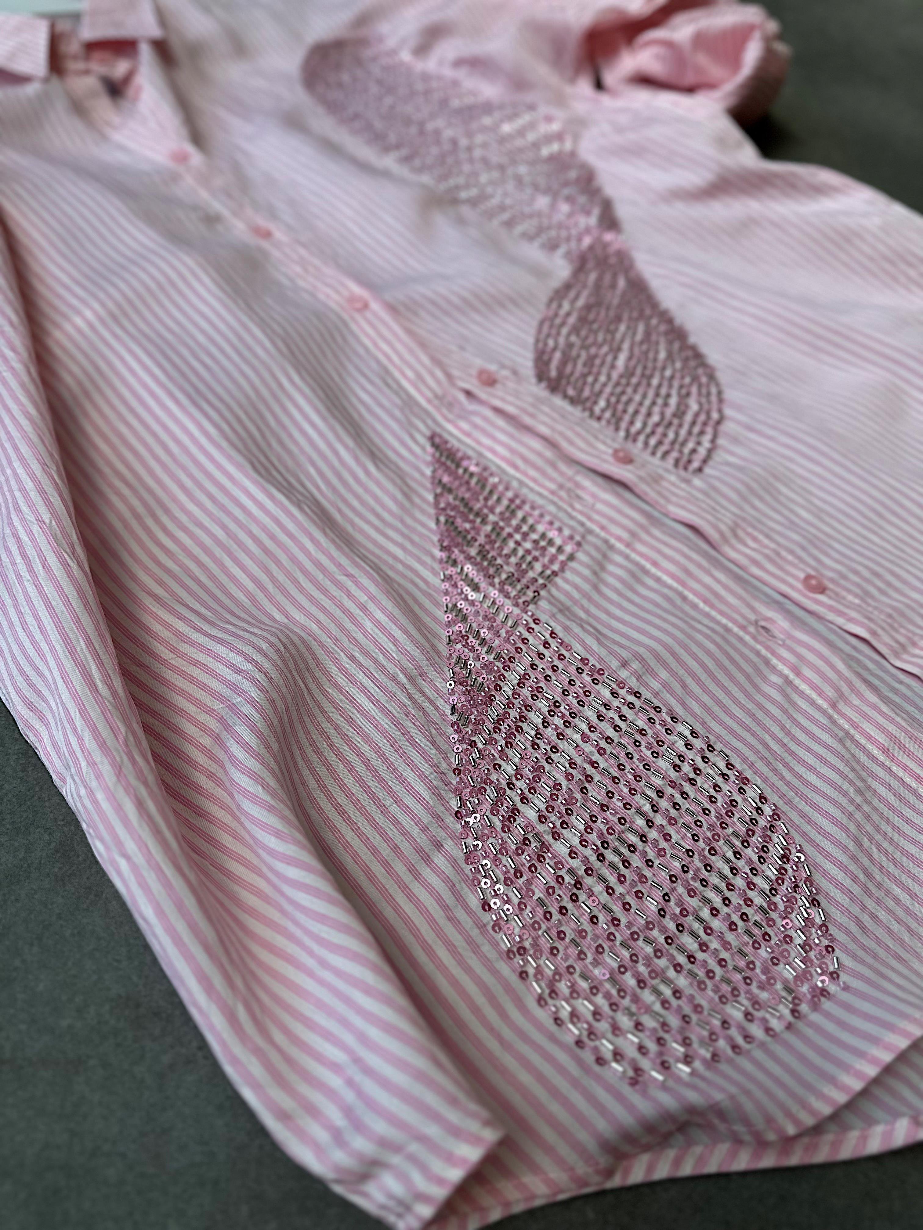 Pembe Boncuk İşlemeli Pera Oversize Gömlek