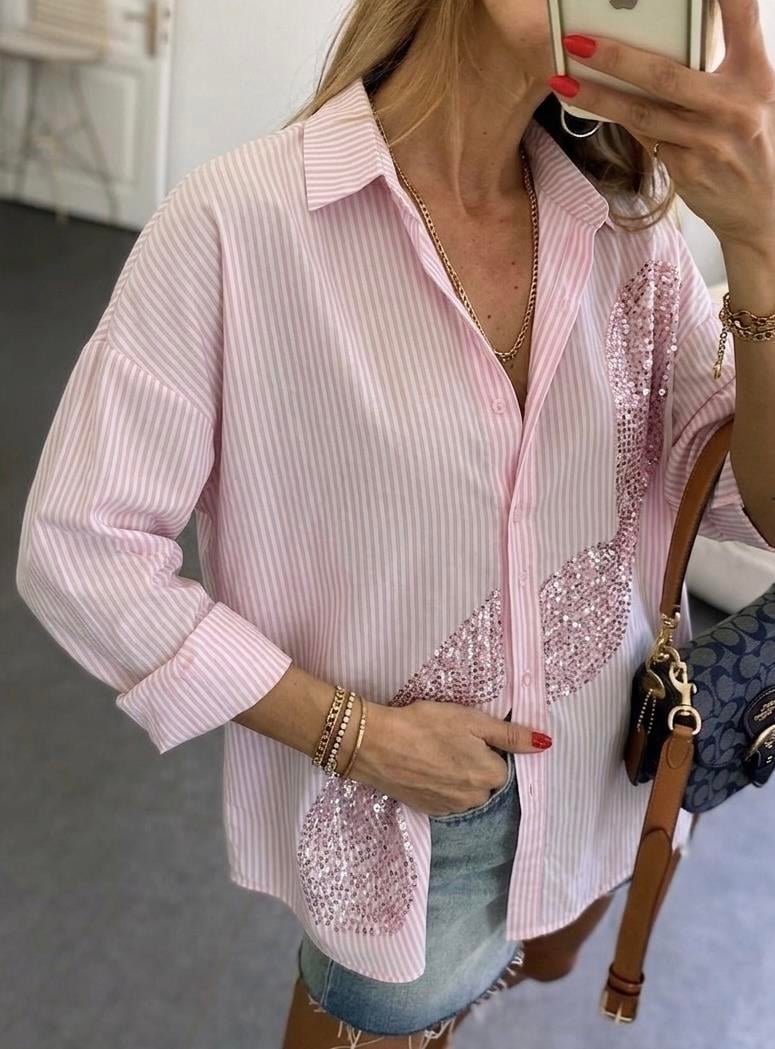 Pembe Boncuk İşlemeli Pera Oversize Gömlek