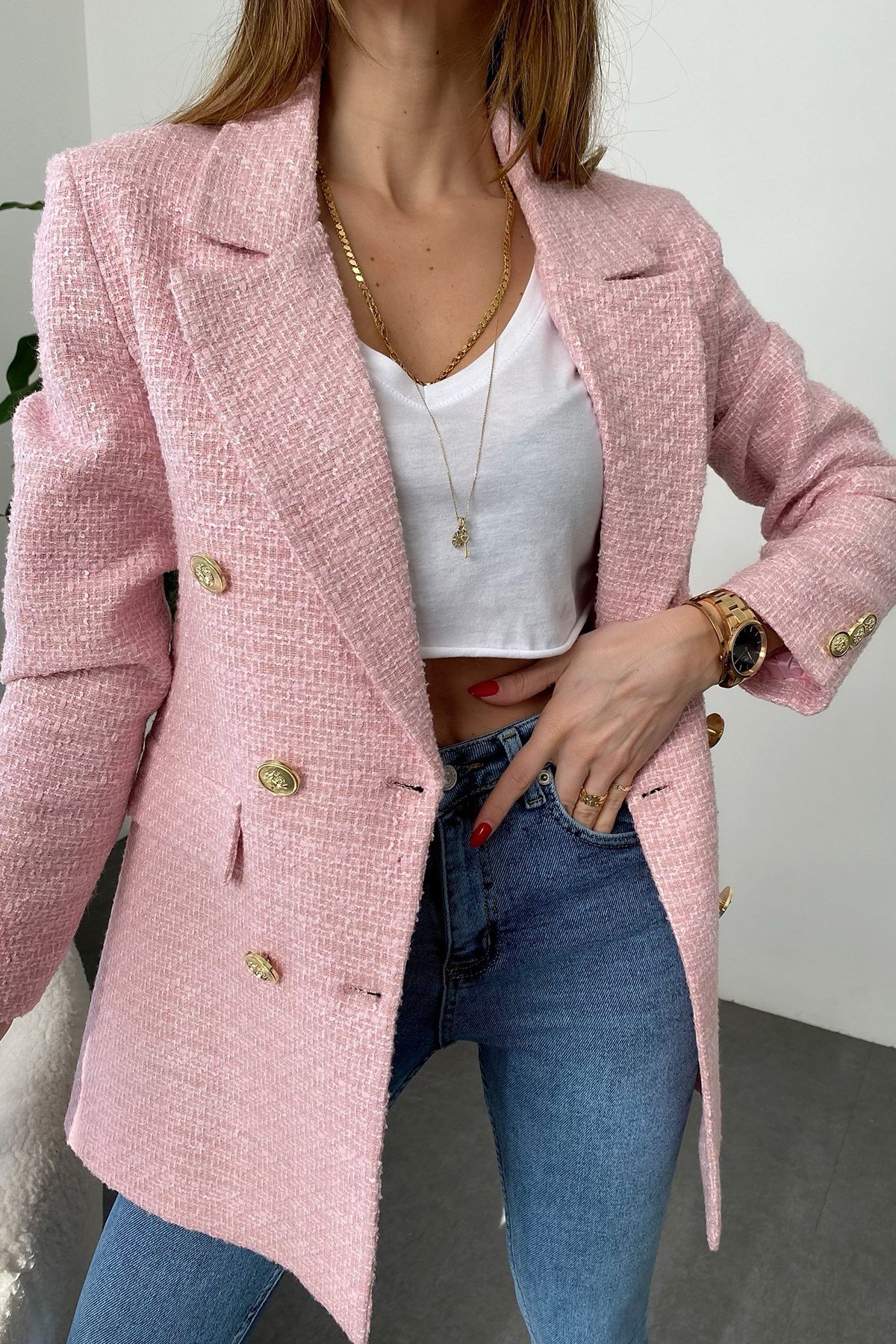 Pembe Çoklu Gold Düğme Detay Cepli Tüvit Blazer