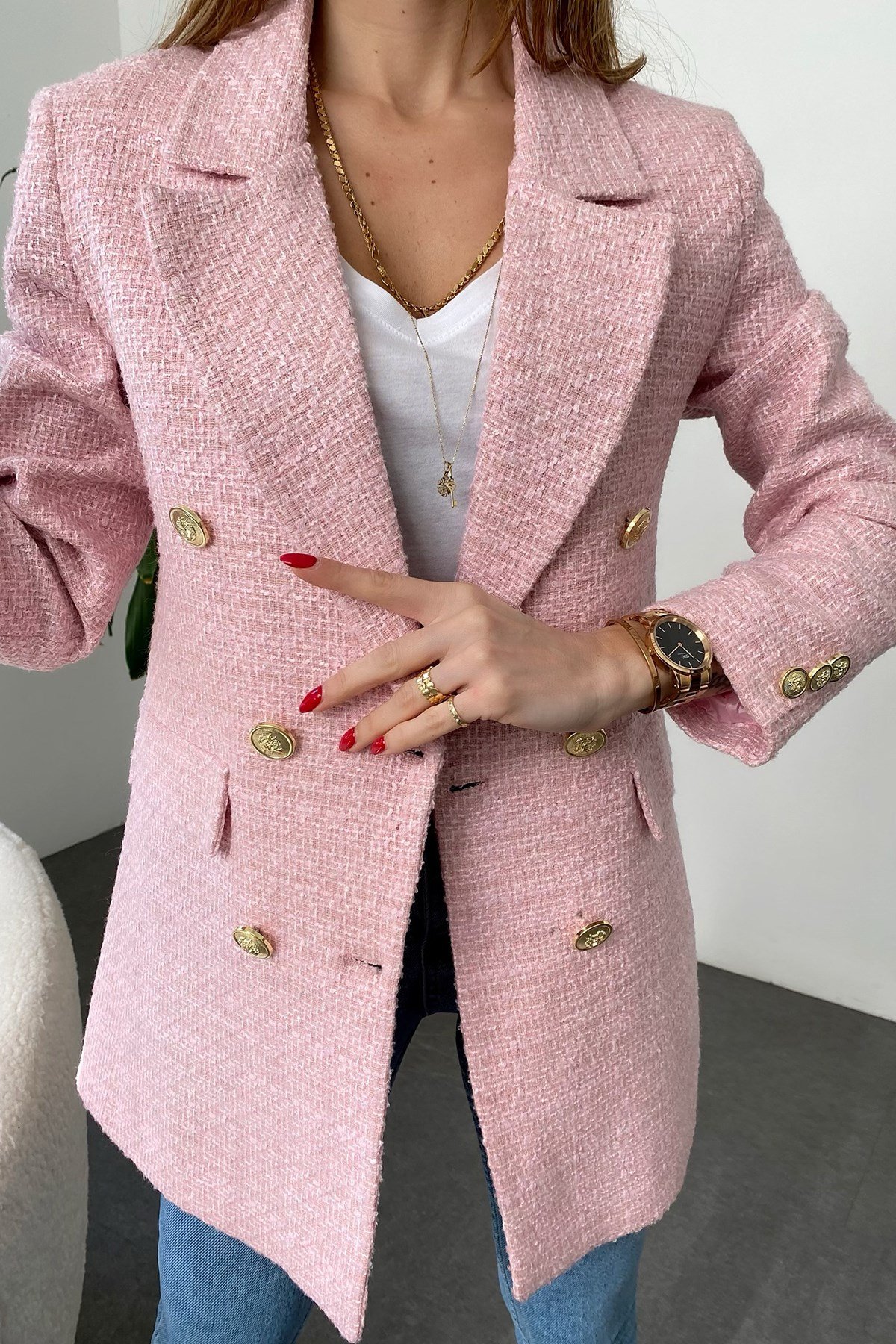 Pembe Çoklu Gold Düğme Detay Cepli Tüvit Blazer