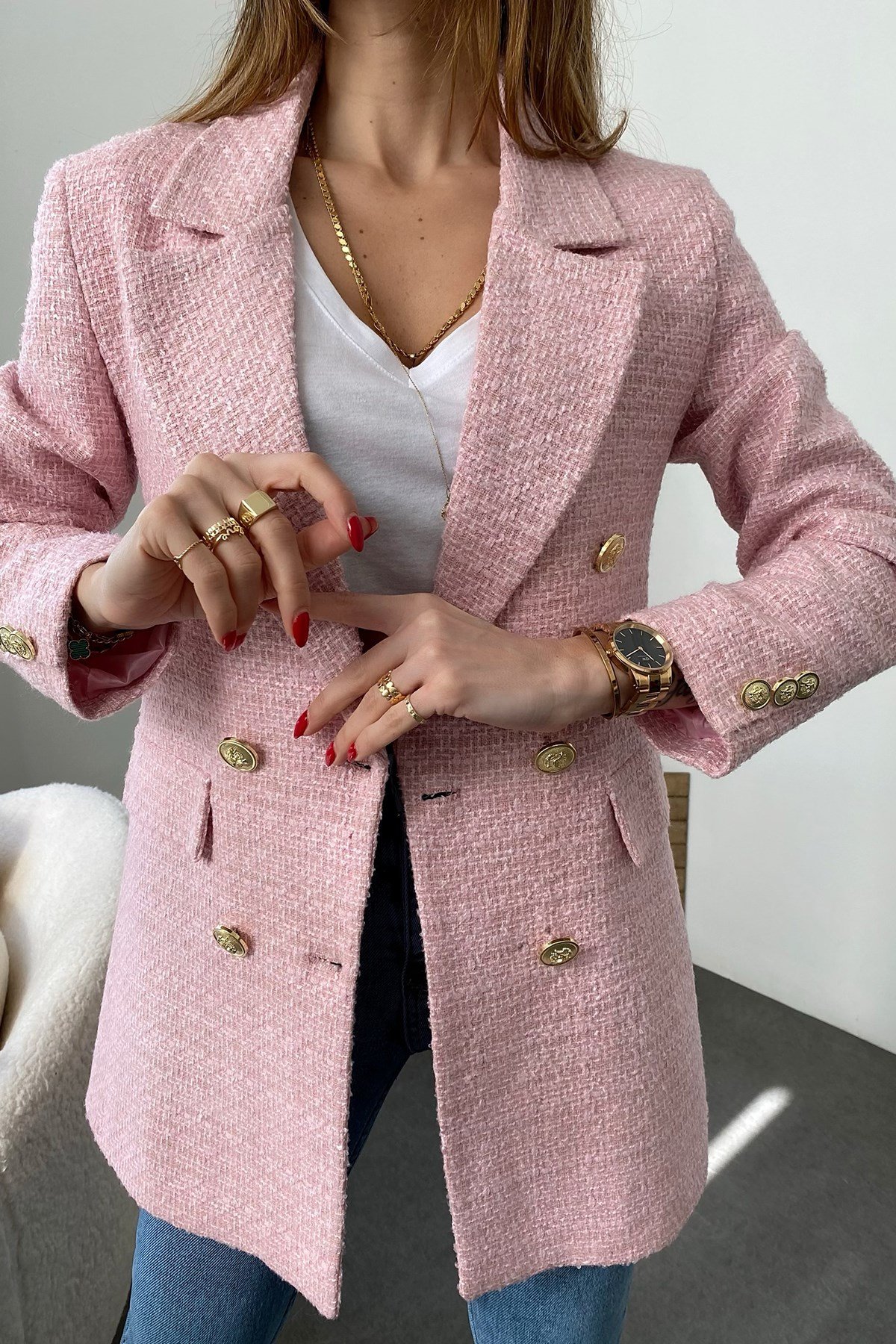 Pembe Çoklu Gold Düğme Detay Cepli Tüvit Blazer
