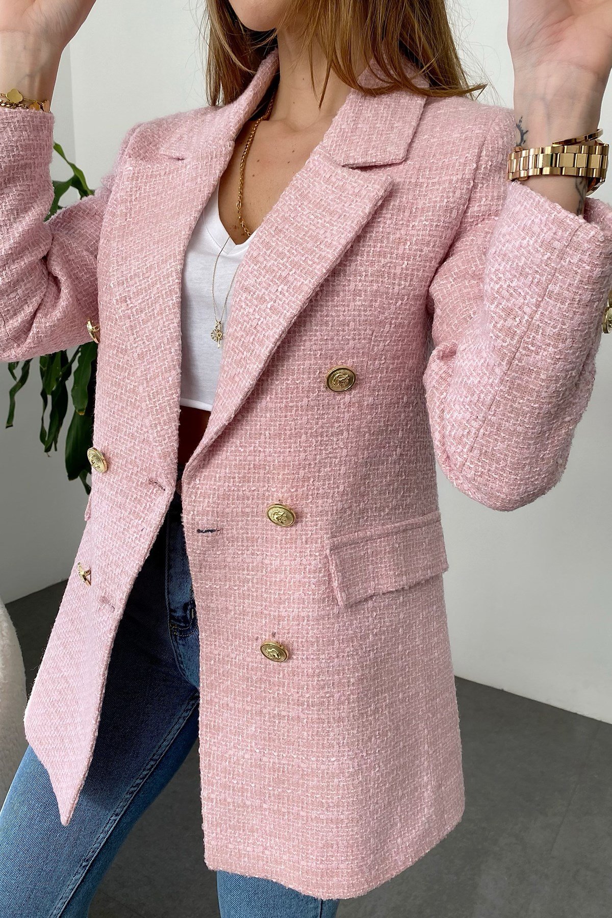 Pembe Çoklu Gold Düğme Detay Cepli Tüvit Blazer