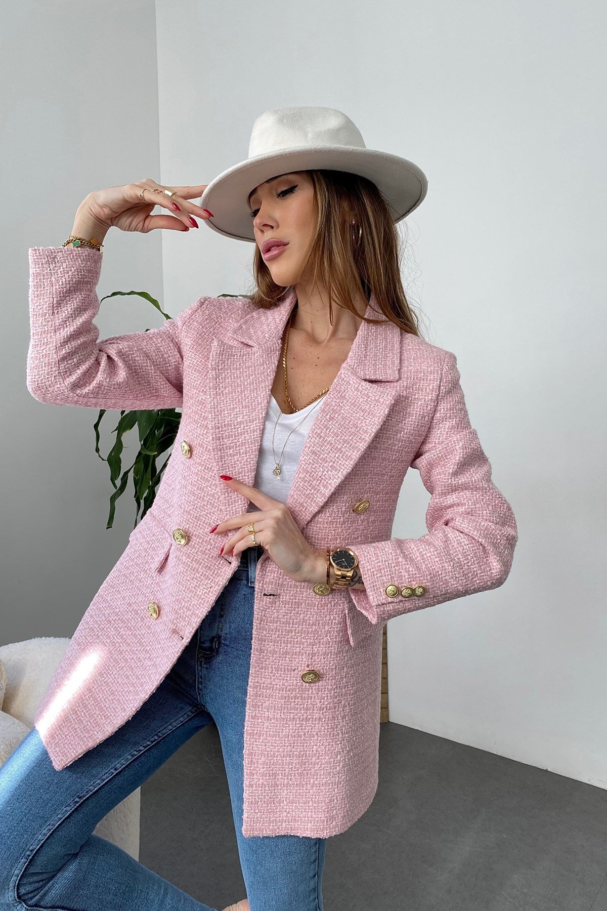 Pembe Çoklu Gold Düğme Detay Cepli Tüvit Blazer