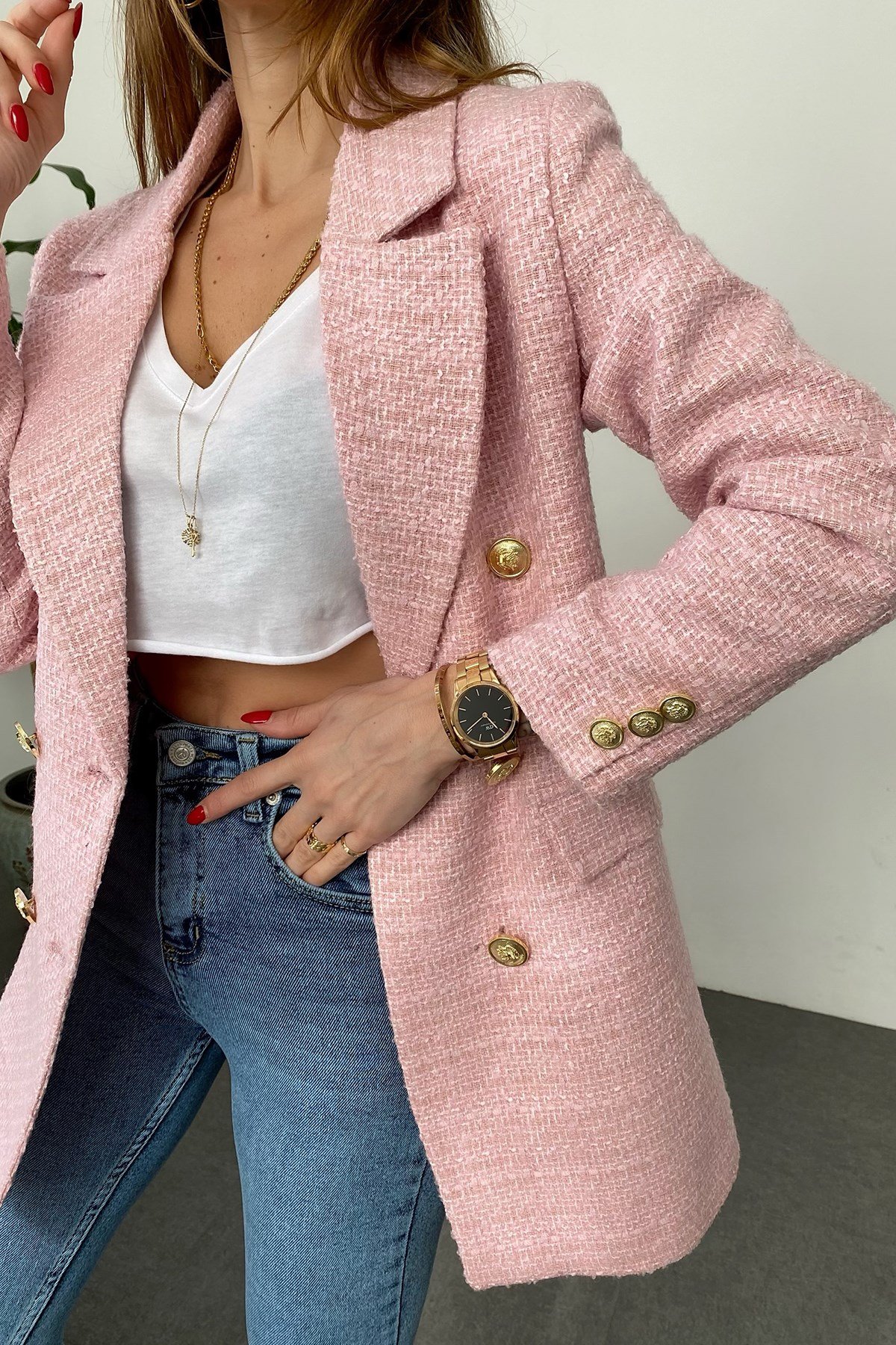 Pembe Çoklu Gold Düğme Detay Cepli Tüvit Blazer