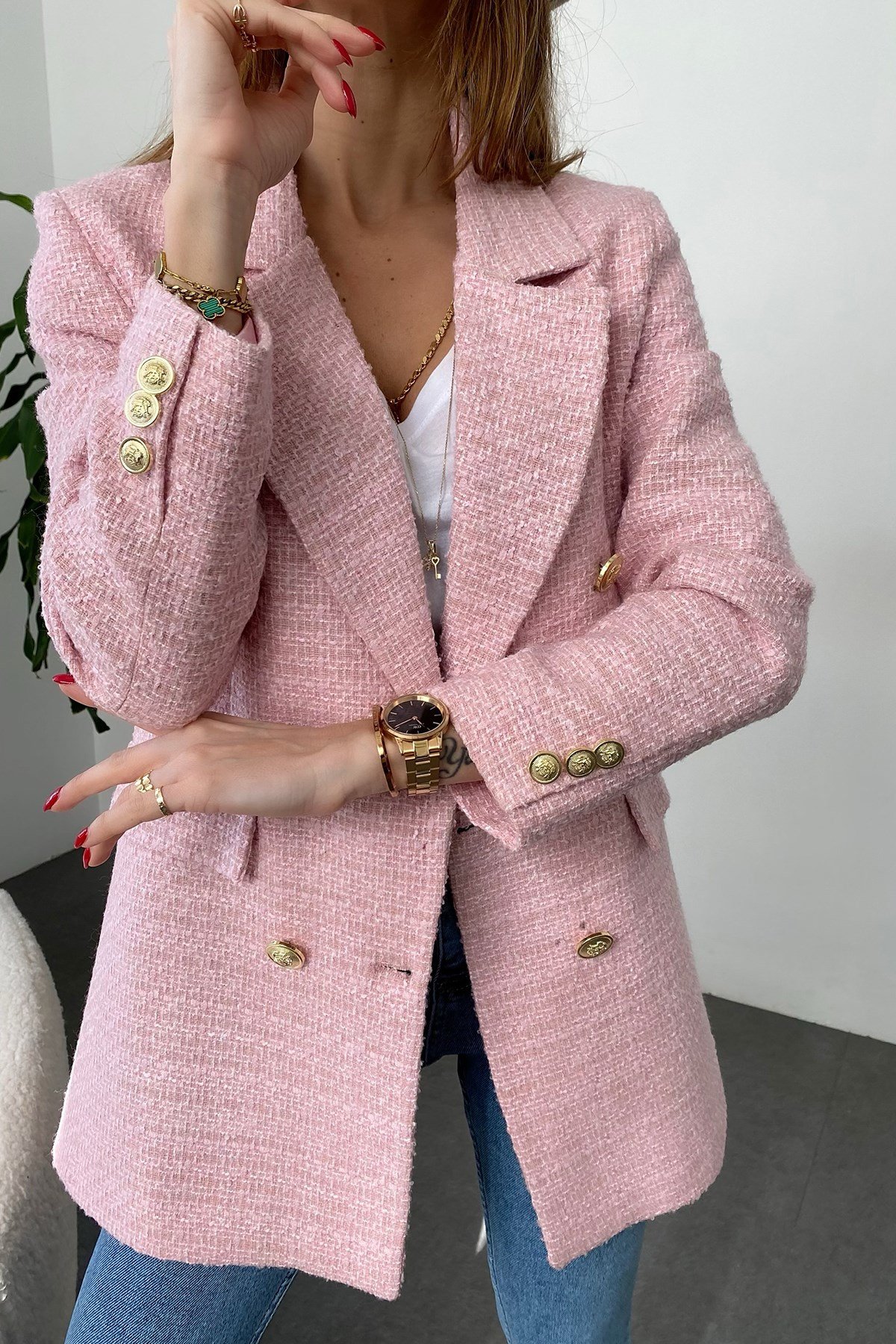 Pembe Çoklu Gold Düğme Detay Cepli Tüvit Blazer