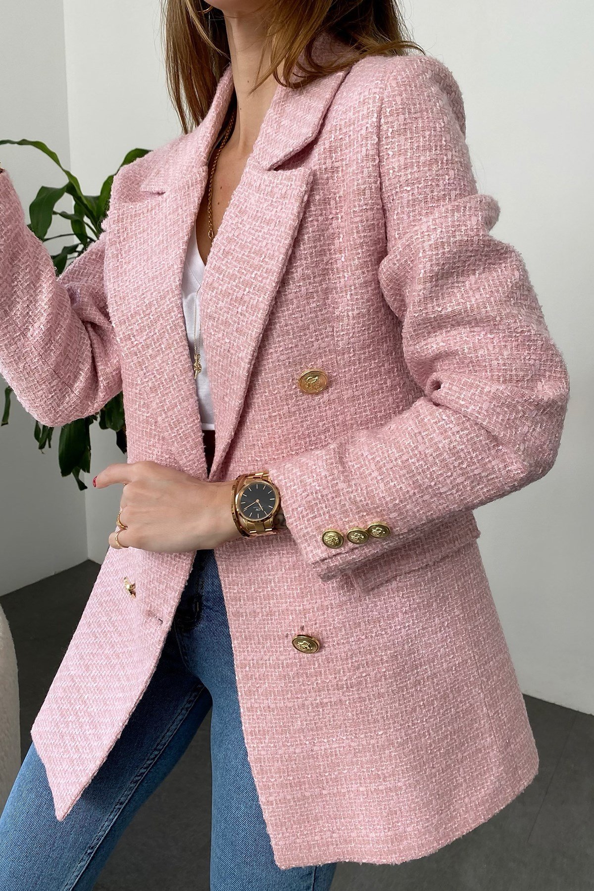 Pembe Çoklu Gold Düğme Detay Cepli Tüvit Blazer